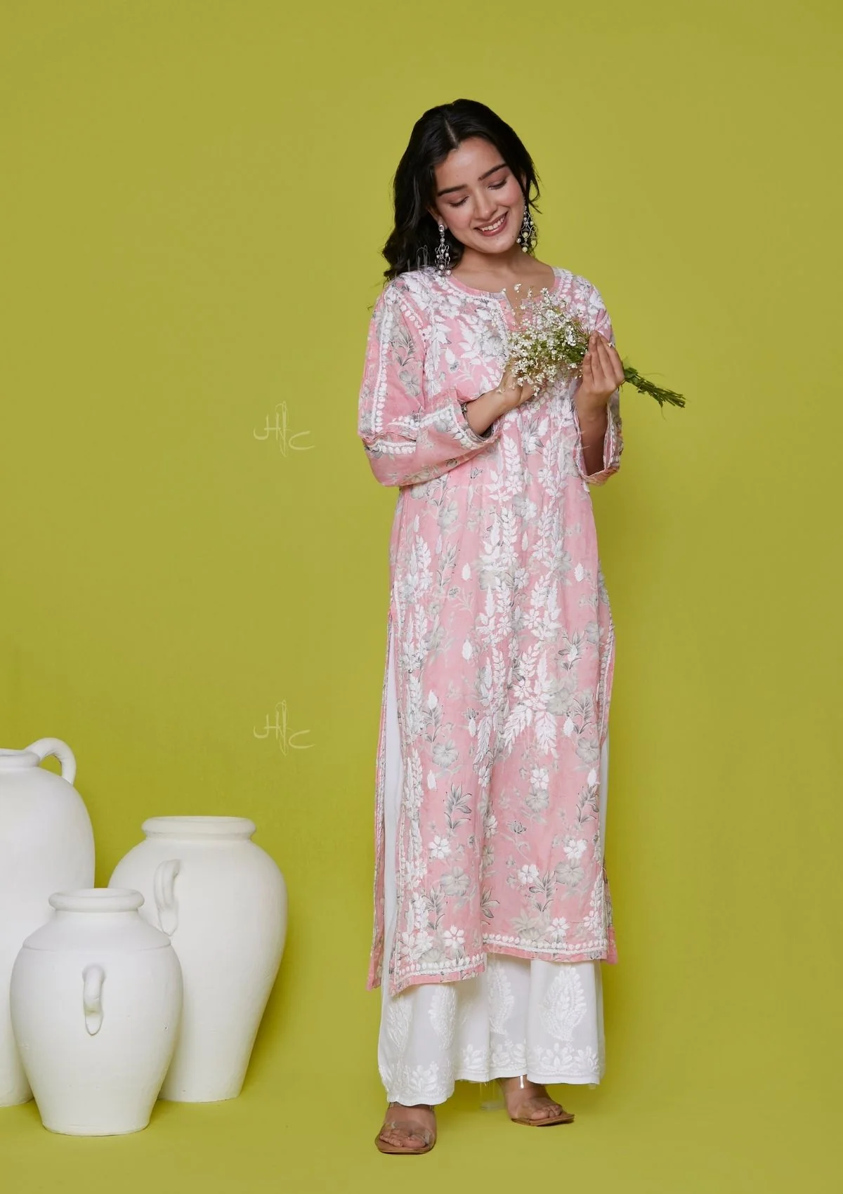 Mulmul Chikankari Printed Women's Long Kurta - Pink - Healthber