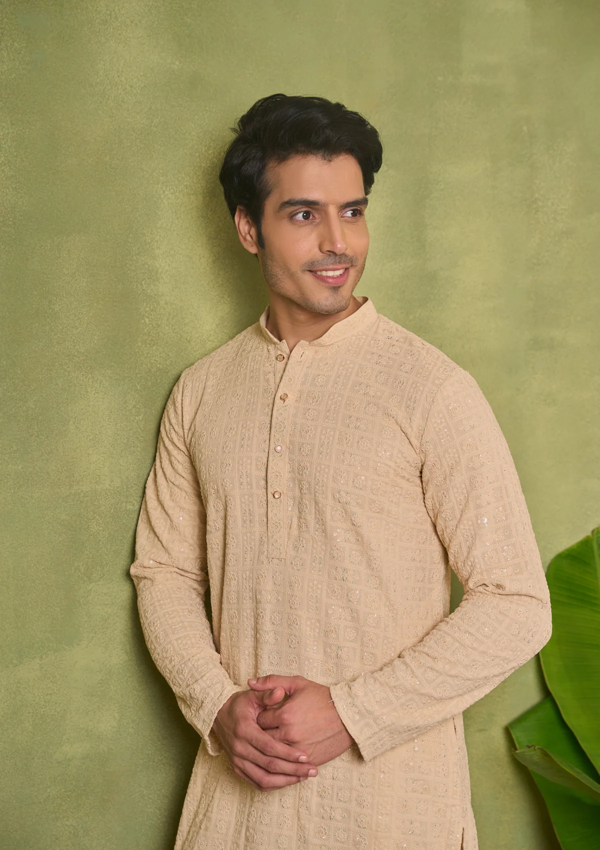 HOC Rayon Embroidered With Sequins Solid Men's Long Kurta- Beige - Healthber