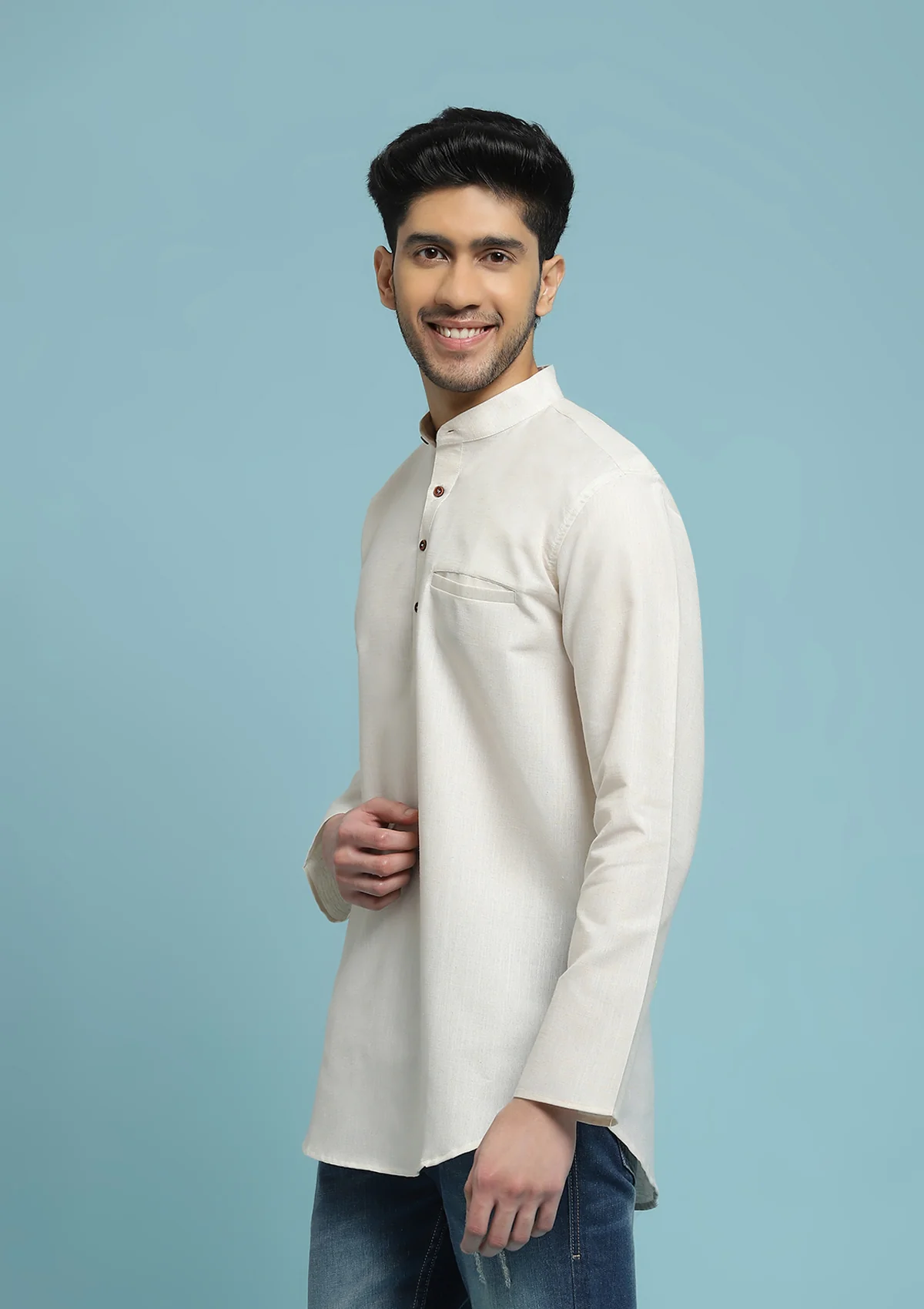 HOC Poly Cotton Solid Men's Short Kurta - Cream - Healthber