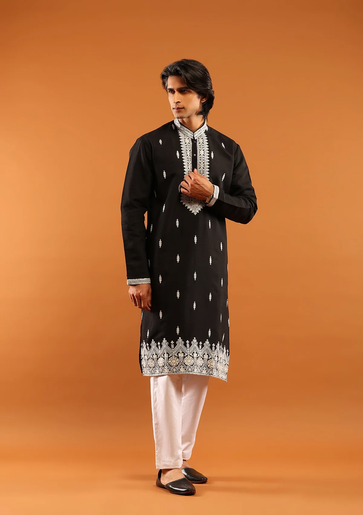 HOC Poly Silk Zari Embroidered With Sequins Solid Men's Long Kurta- Black - Healthber