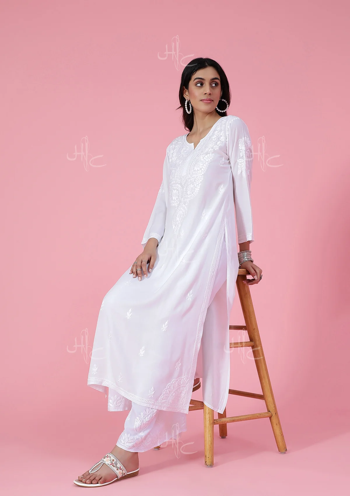 HOC Rayon Chikankari Solid Women's Long Kurta - White - Healthber