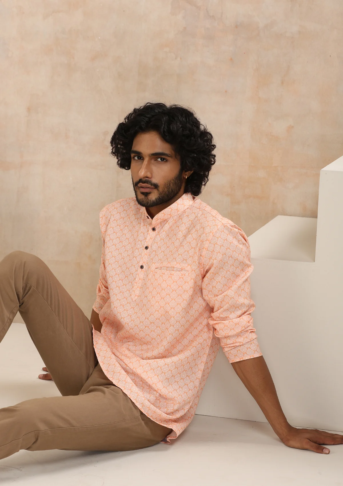 HOC Poly Cotton Printed Men's Short Kurta - Orange - Healthber