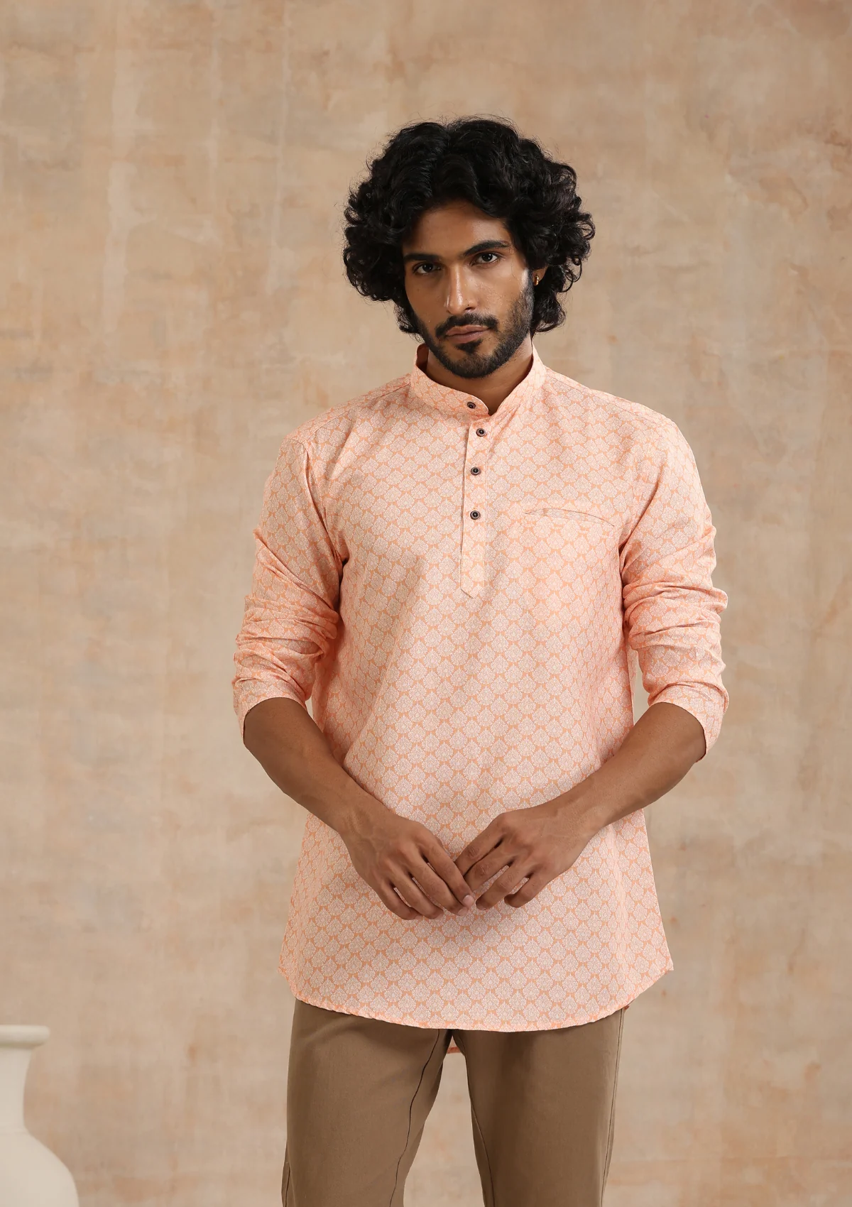 HOC Poly Cotton Printed Men's Short Kurta - Orange - Healthber