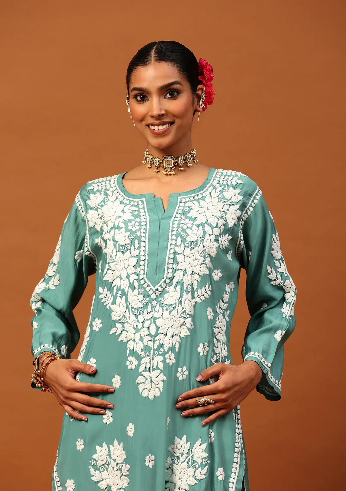 HOC Chanderi Chikankari Solid Women's 2 PC Long Kurta Set -Teal Green - Healthber