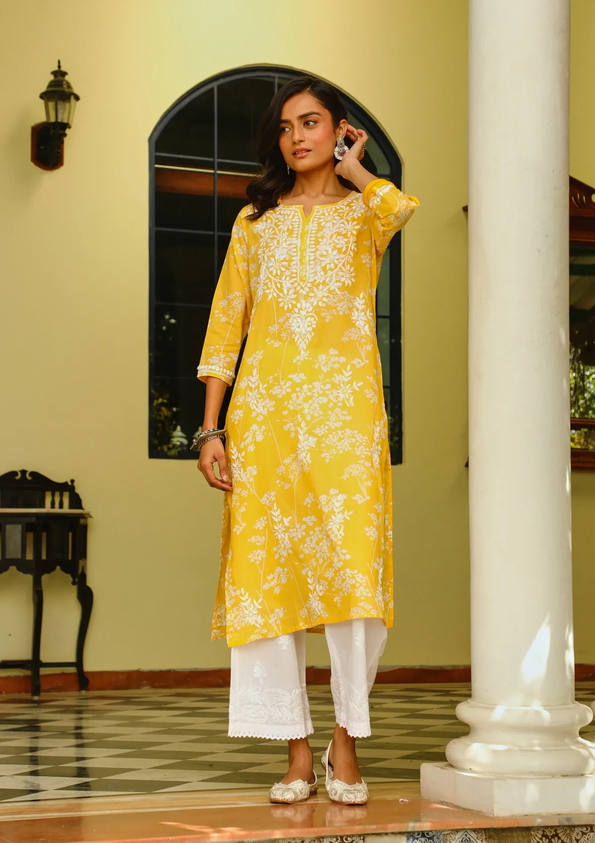 HOC Zainab Chikankari Mulmul Printed Straight Kurta -Yellow - Healthber