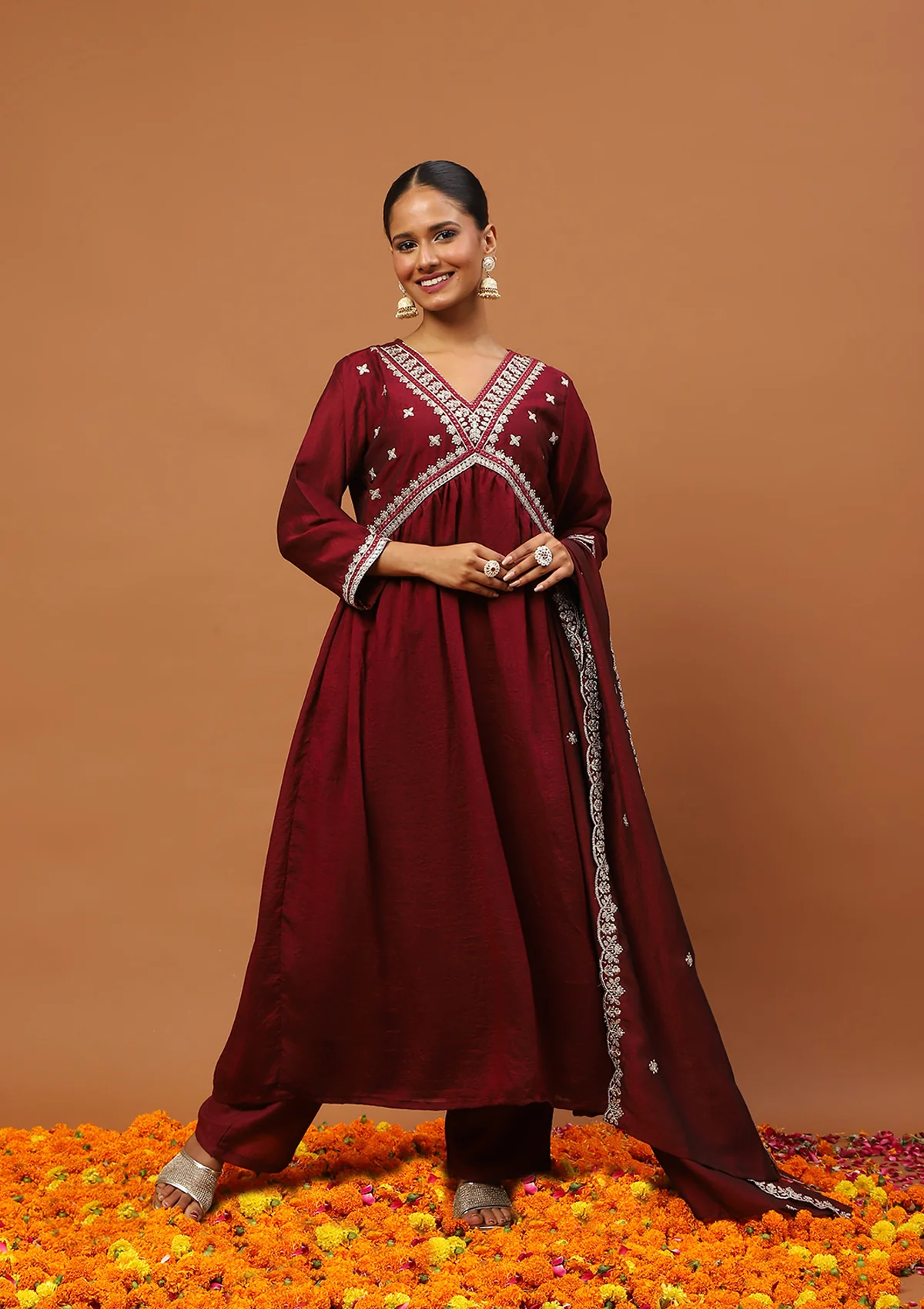 HOC Silk Blend Zari Embroidered With Sequins Solid Women's 3 PC A-Line Kurta Set-Maroon - Healthber