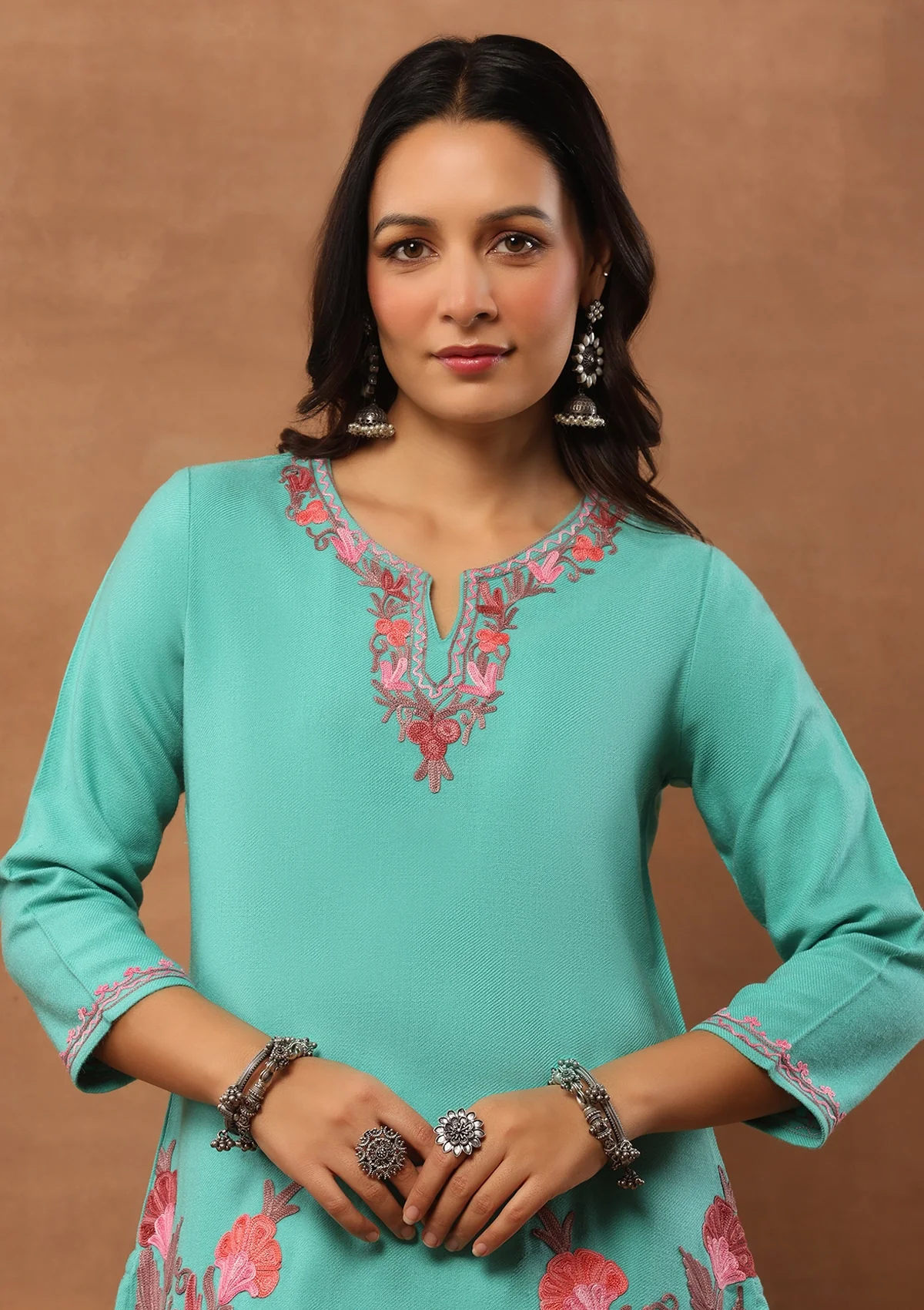 HOC Aari Embroidered Woollen Solid Women's Short Kurta - Turquoise Blue - Healthber