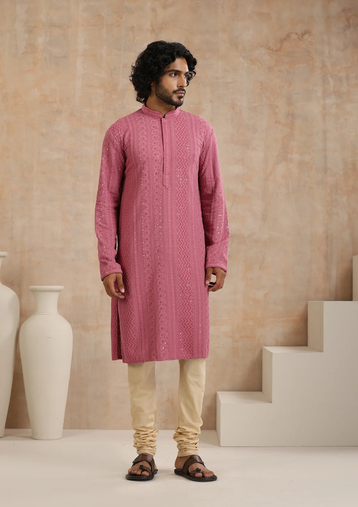 HOC Rayon Schiffli Solid Men's Long Kurta- Muave - Healthber