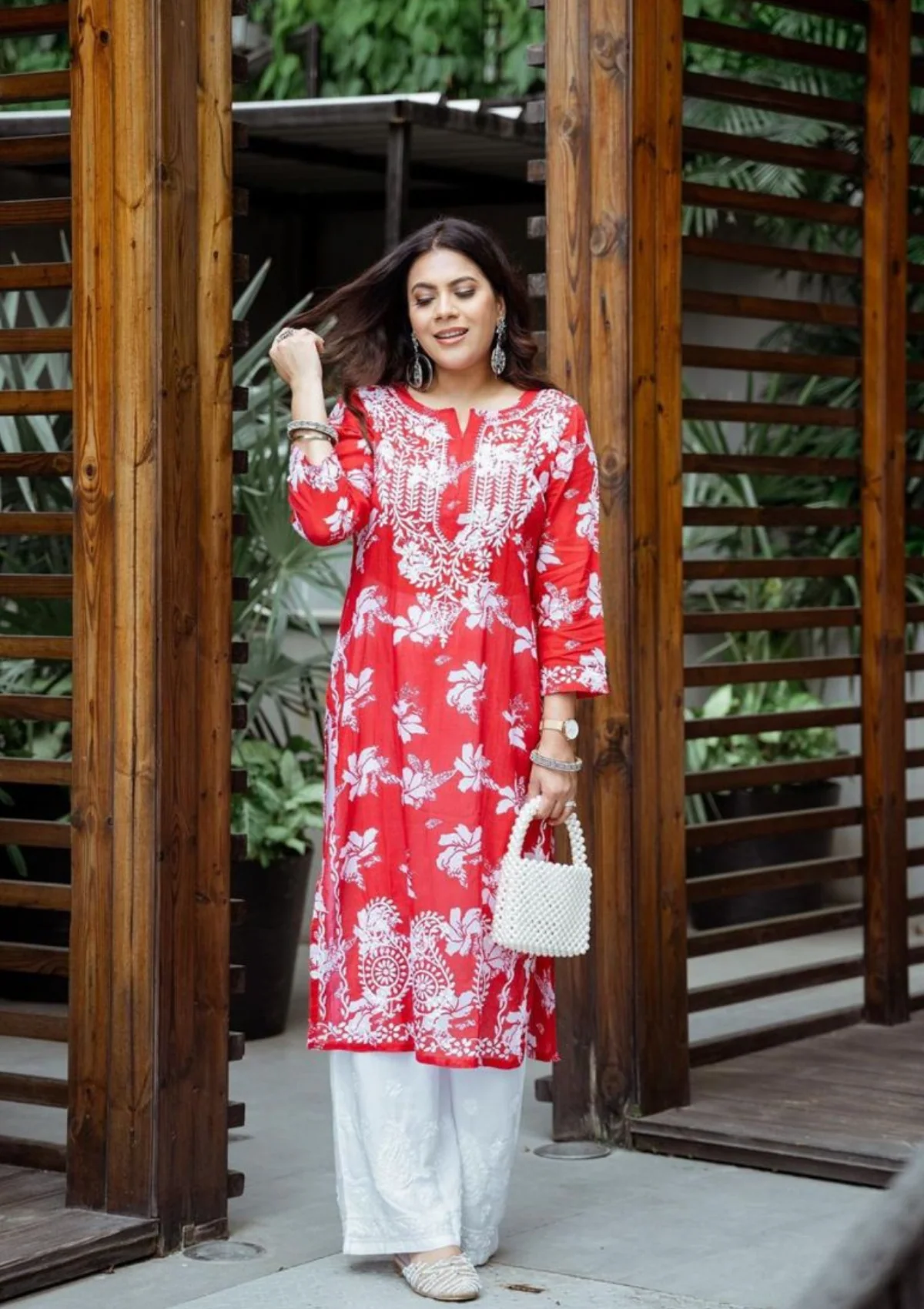 HOC Tamara Mulmul Chikankari Printed Women's Straight Kurta - Red - Healthber