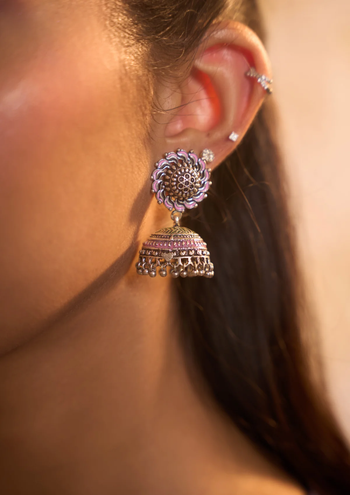 HOC Handcrafted Silver Tone Pink Jhumka Earrings - Healthber