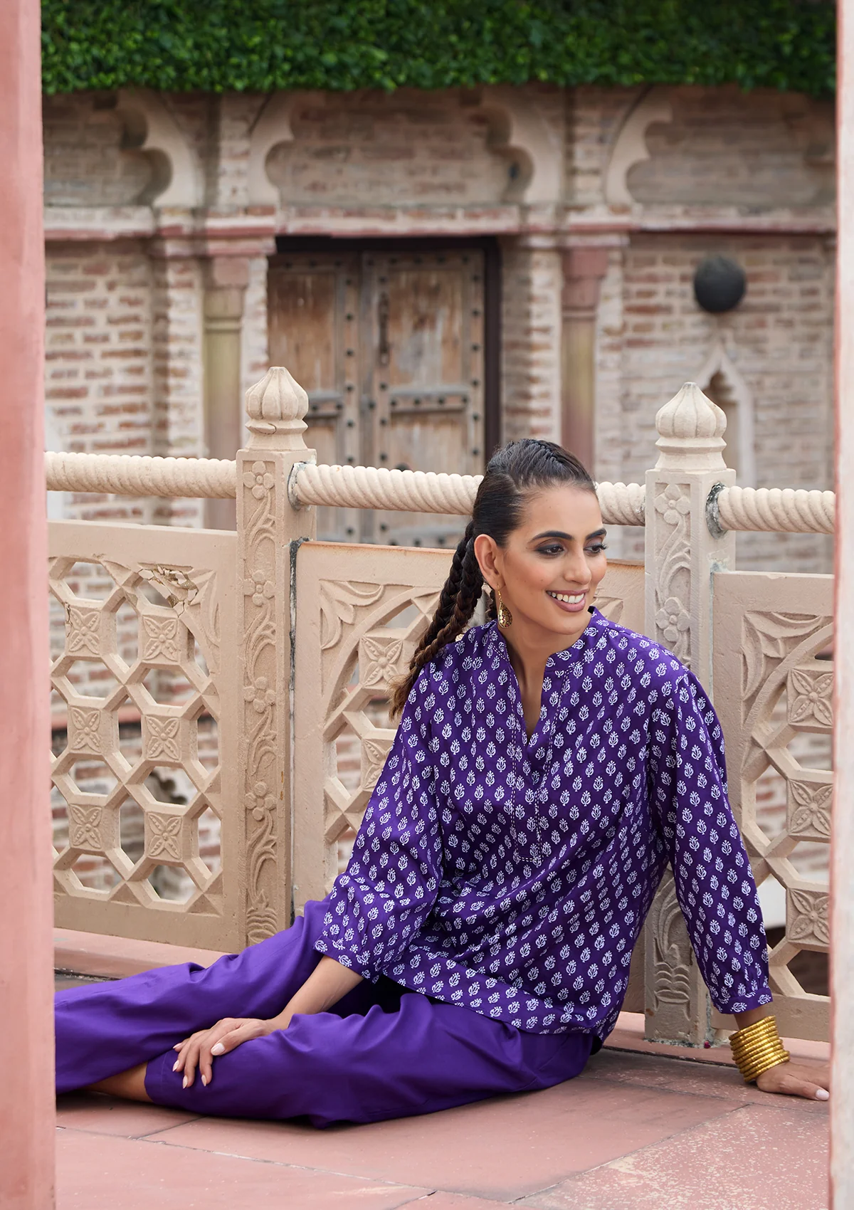 HOC Glazed Cotton Hand Block Printed with Hand Embroidery Women's 2 PC Co-ord Set - Dark Purple - Healthber