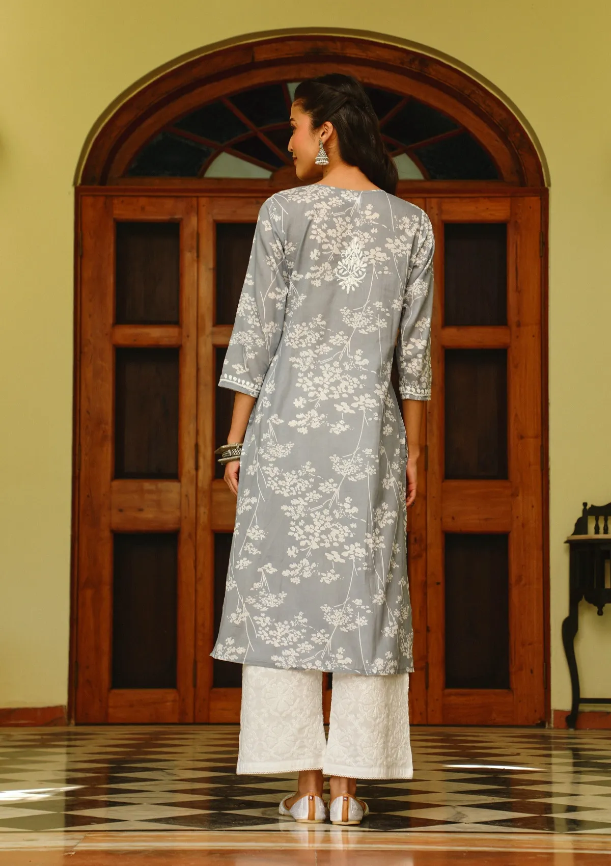 HOC Zainab Chikankari Mulmul Printed Straight Kurta -Grey - Healthber