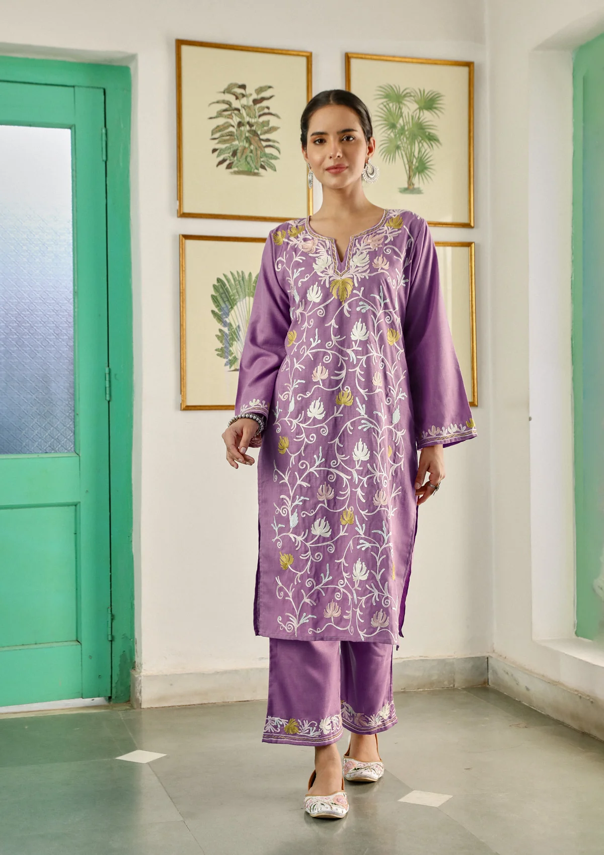 HOC Cotton Aari Embroidered Solid Women's 3 PC Long Kurta Set with Dupatta -  Purple - Healthber
