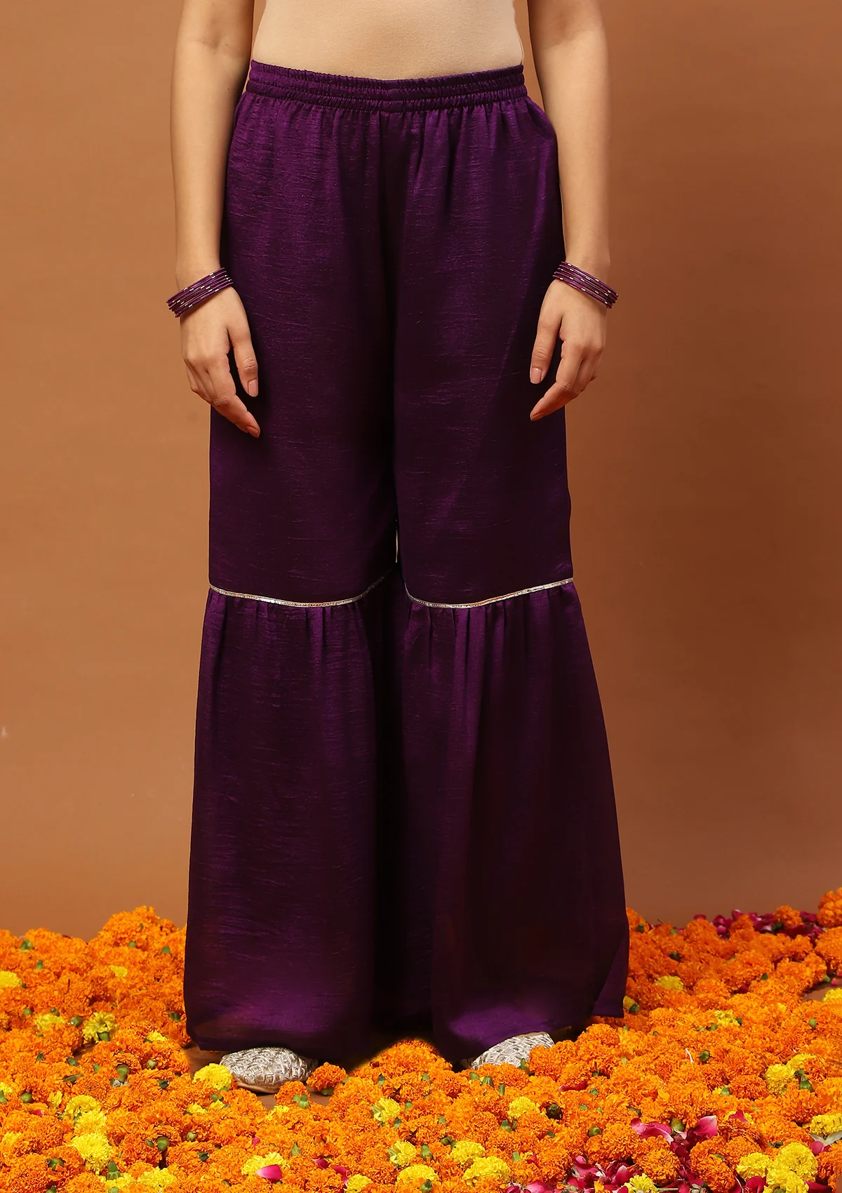 HOC Silk Blend Embroidered With Sequins Solid Women's 3 PC Gharara Kurta Set-Purple - Healthber