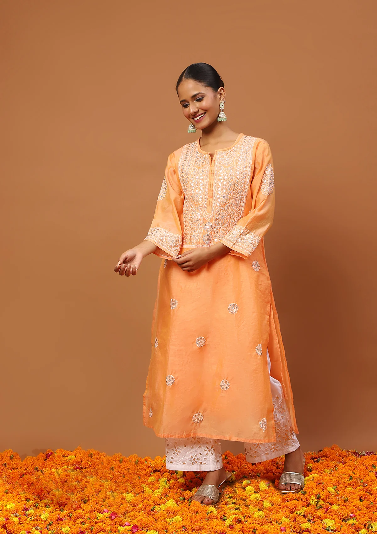 HOC Chanderi Chikankari Gota Work Solid Women's 4 PC Long Kurta Set-Orange - Healthber