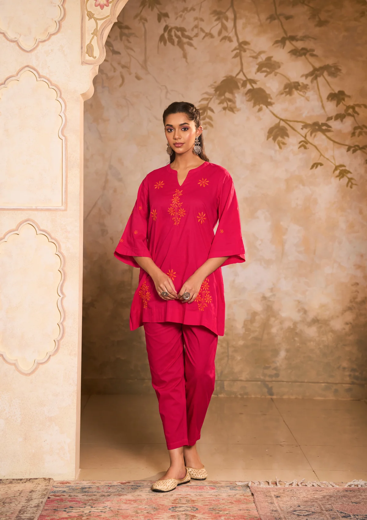 HOC Cotton Cambric Chikankari Solid Women's A-Line Short Kurta-Magenta - Healthber