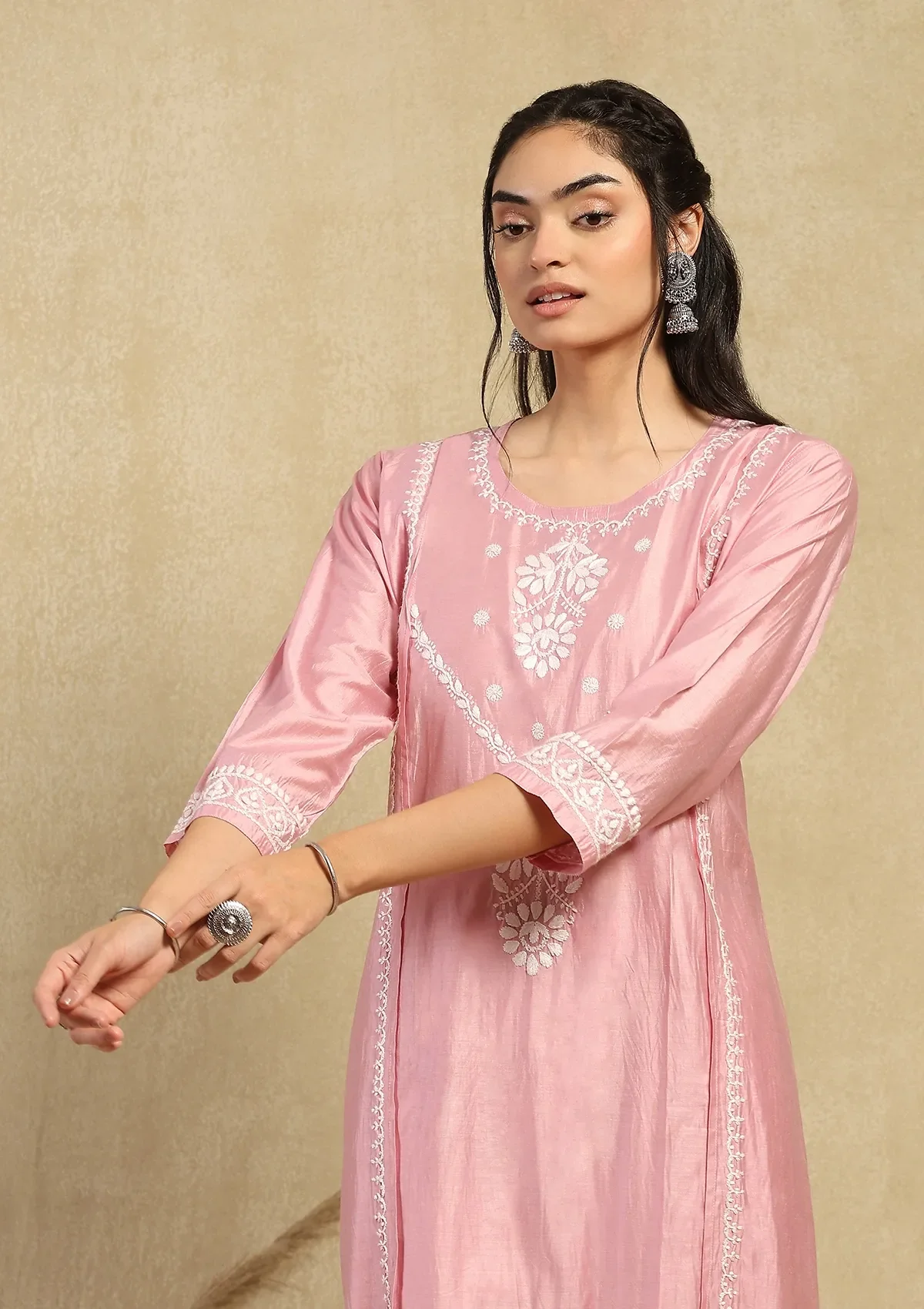 HOC Chanderi Chikankari Solid Women's 2PC Long Kurta Set -Pink - Healthber