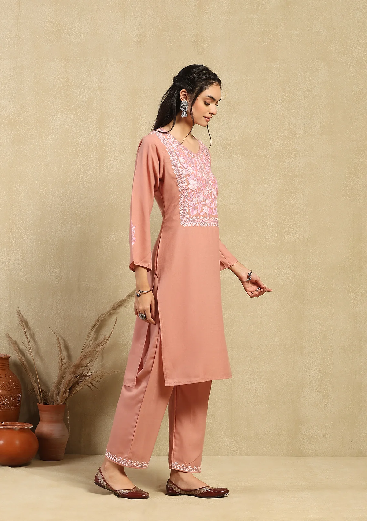 HOC Cotton Aari Embroidered Solid Women's 2 PC Long  Kurta Set - Pink - Healthber