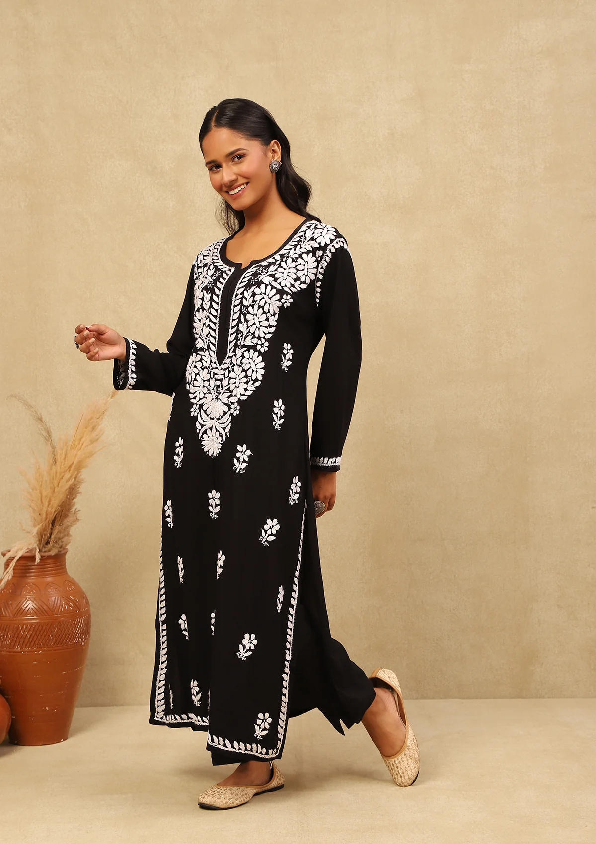 HOC Rayon Chikankari Solid Women's Long Kurta -Black - Healthber