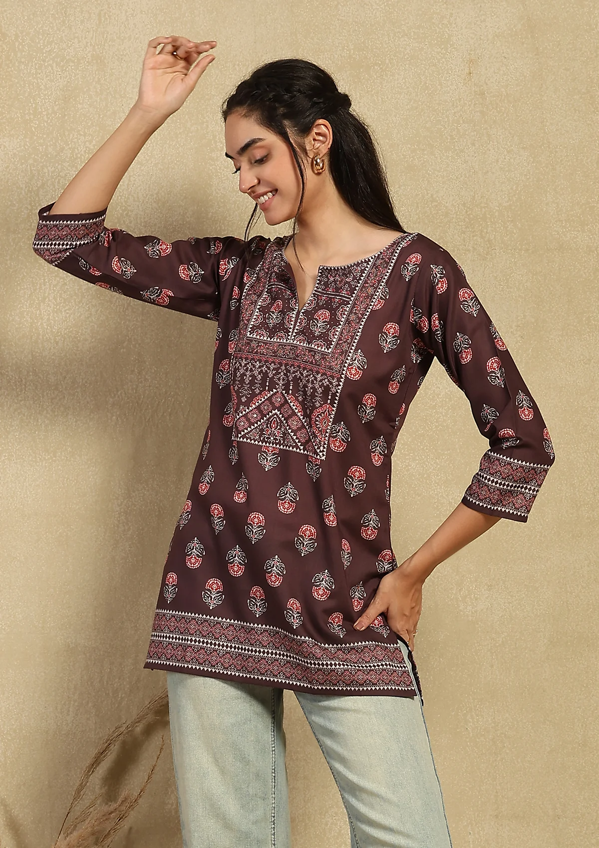 HOC Hand Embellished Cotton Blend Printed Women's Short Kurta - Brown - Healthber