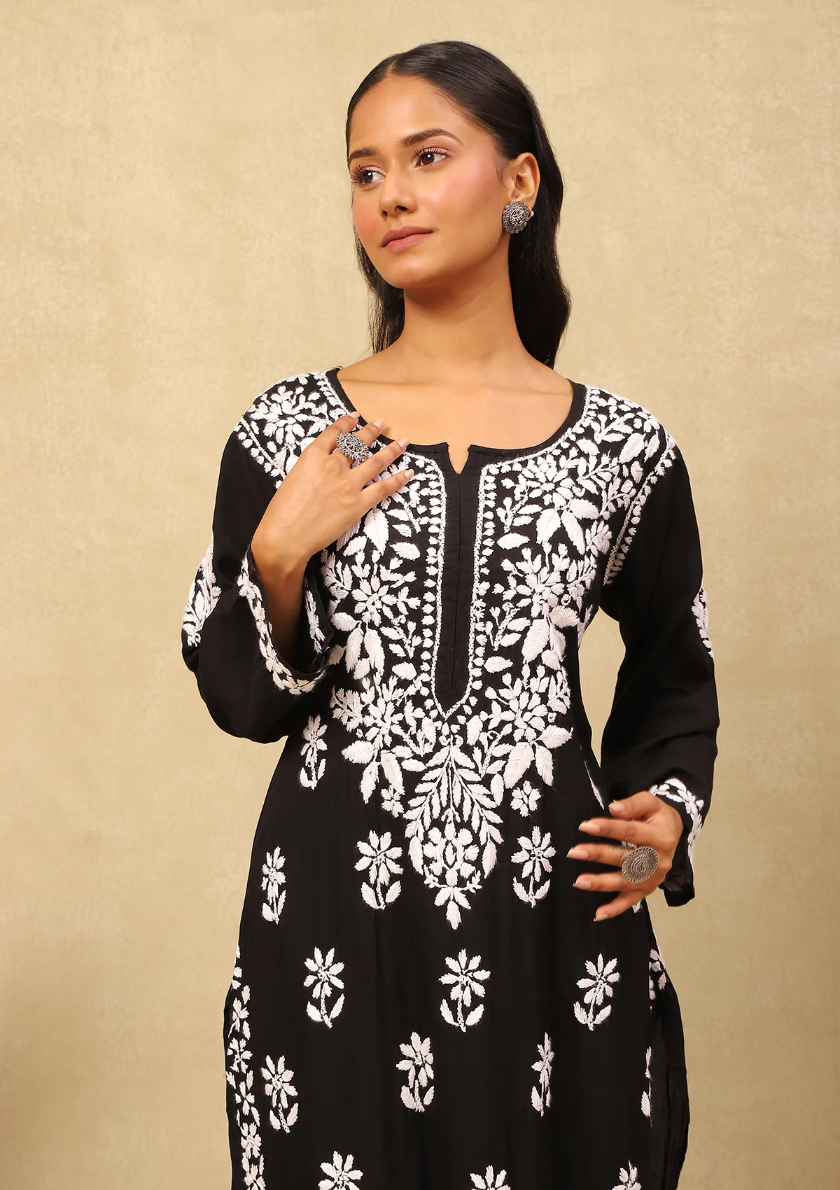 HOC Rayon Chikankari Solid Women's Long Kurta -Black - Healthber