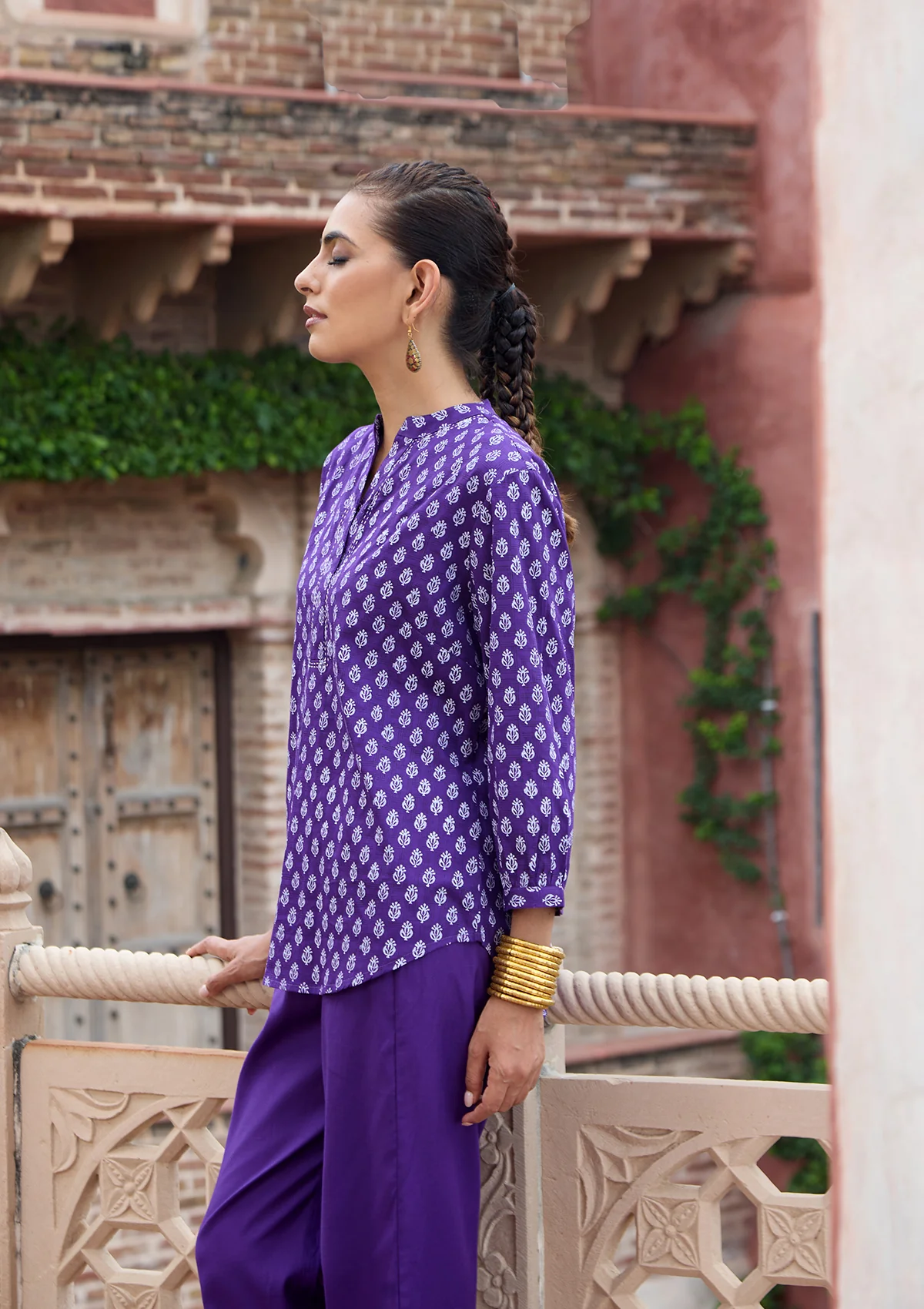 HOC Glazed Cotton Hand Block Printed with Hand Embroidery Women's 2 PC Co-ord Set - Dark Purple - Healthber