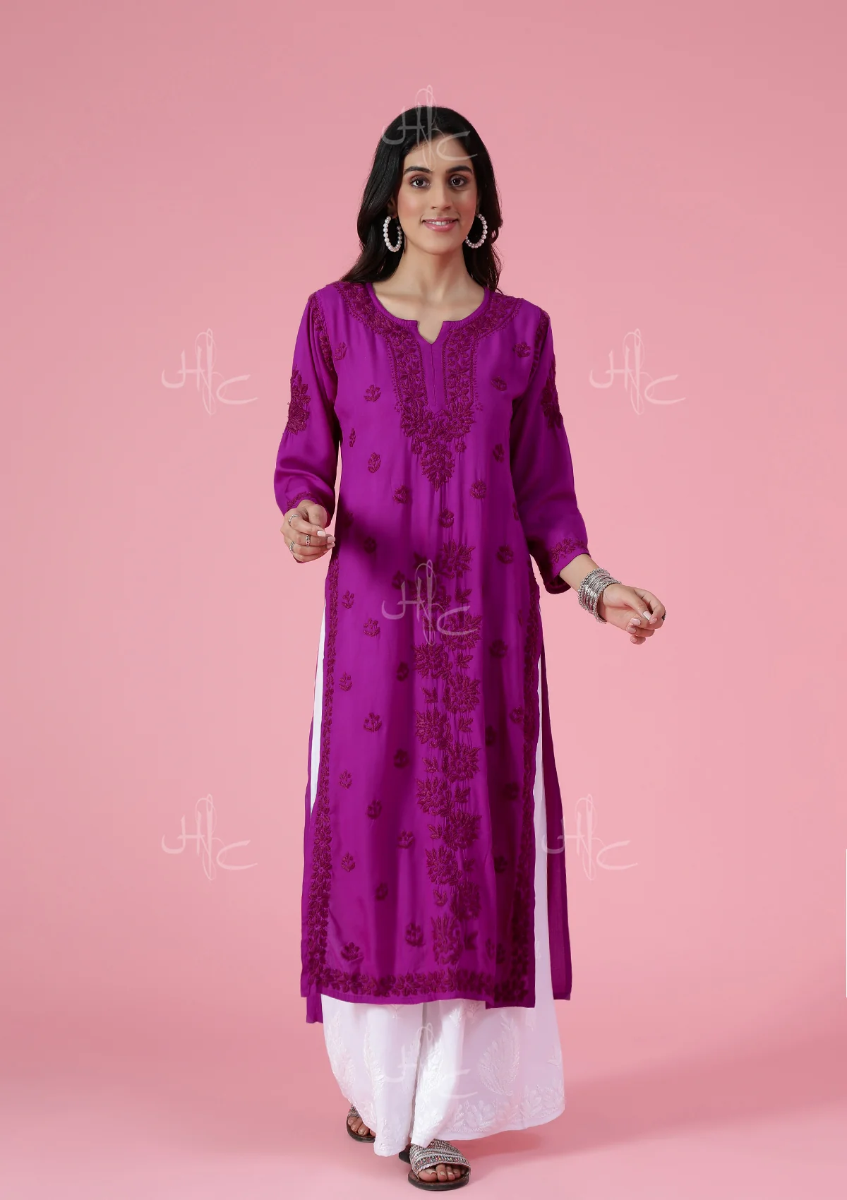 HOC Rayon Chikankari Solid Women's Long Kurta - Purple - Healthber