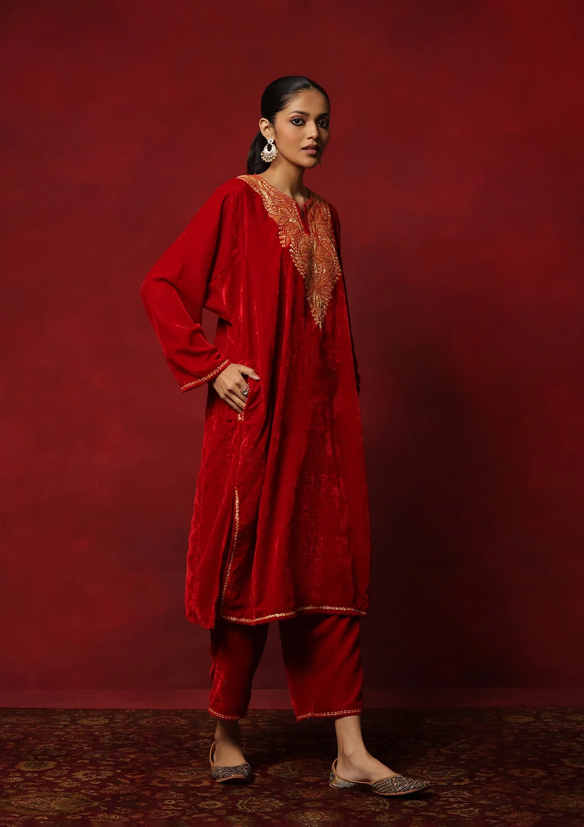 HOC Kashmiri Velvet Tilla Embroidered Solid Women's 2 PC Phiran Set -Red - Healthber