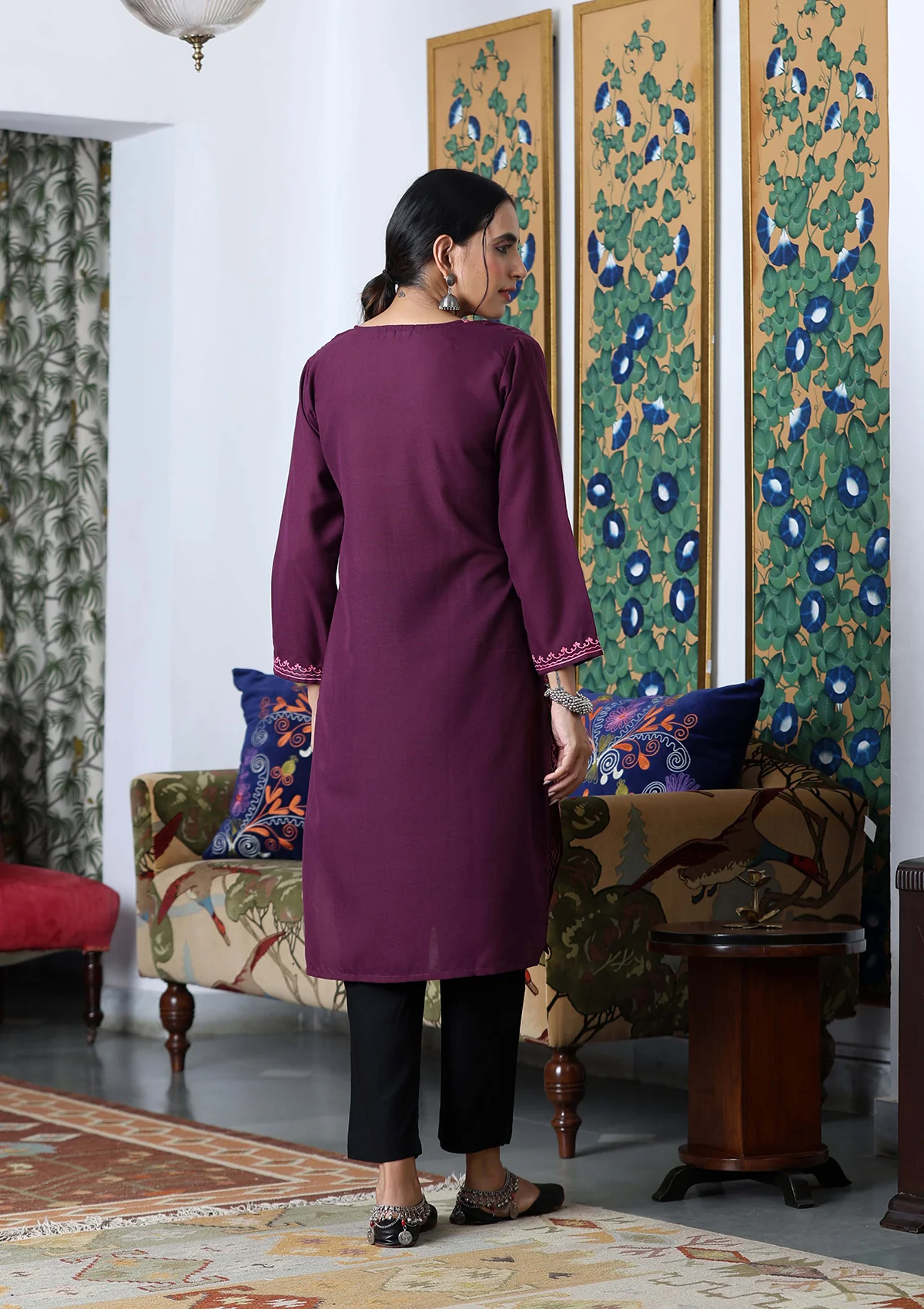 HOC Aari Embroidered Cotton Solid Women's Long Kurta - Dark Purple - Healthber