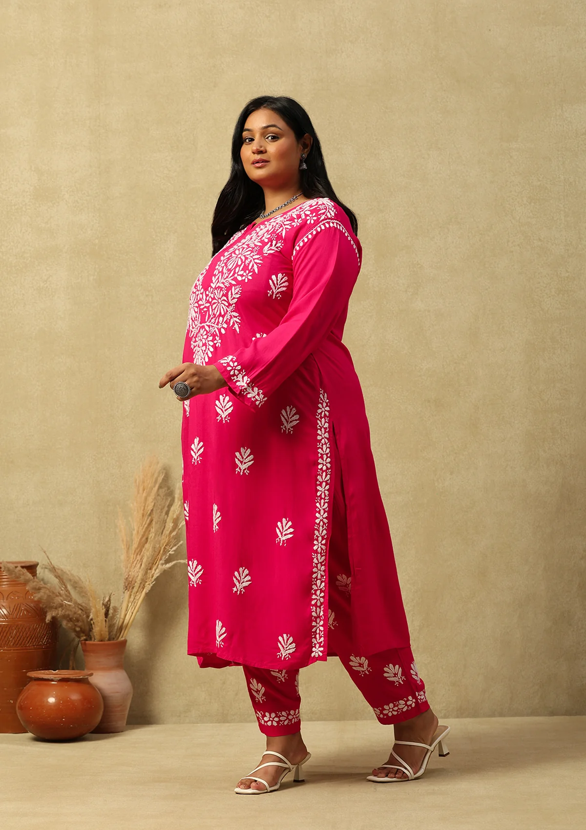 HOC Rayon Chikankari Solid Women's 2 PC Long Kurta Set-Dark Pink - Healthber