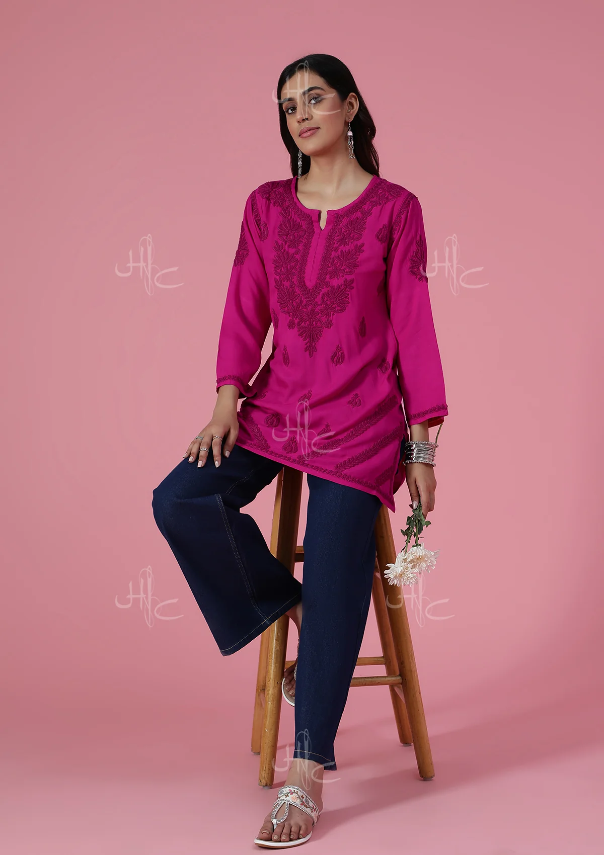 HOC Rayon Chikankari Solid Women's Short Kurta - Pink - Healthber