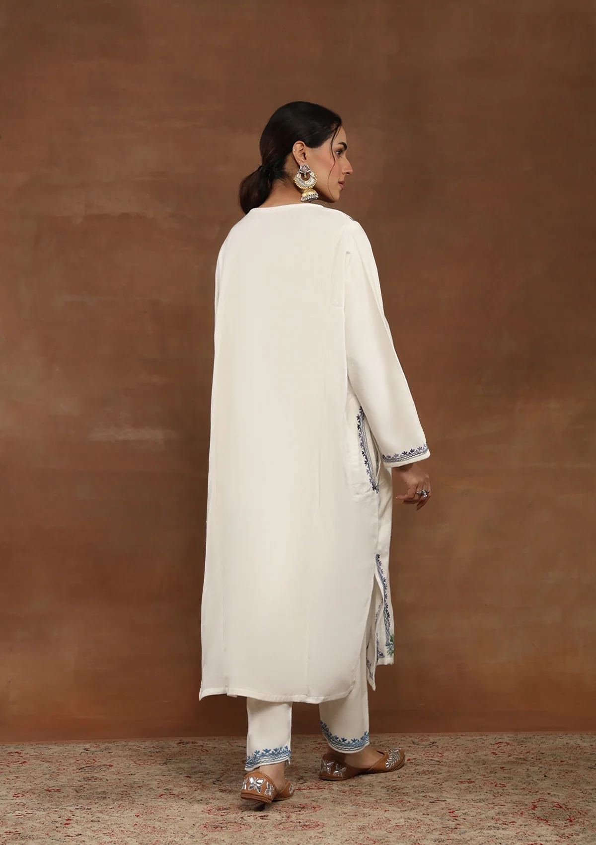 HOC Crafts Kashmiri Wool Aari Embroidered Solid Women's 2 PC Phiran Set -White - Healthber