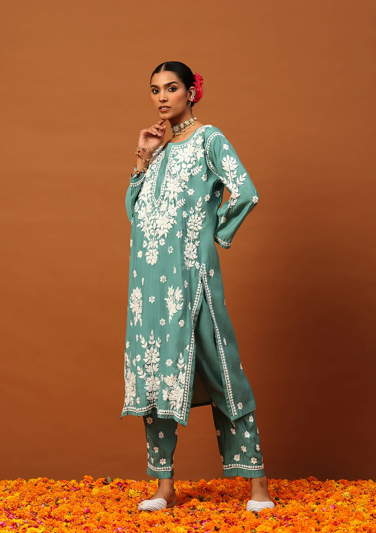 HOC Chanderi Chikankari Solid Women's 2 PC Long Kurta Set -Teal Green - Healthber