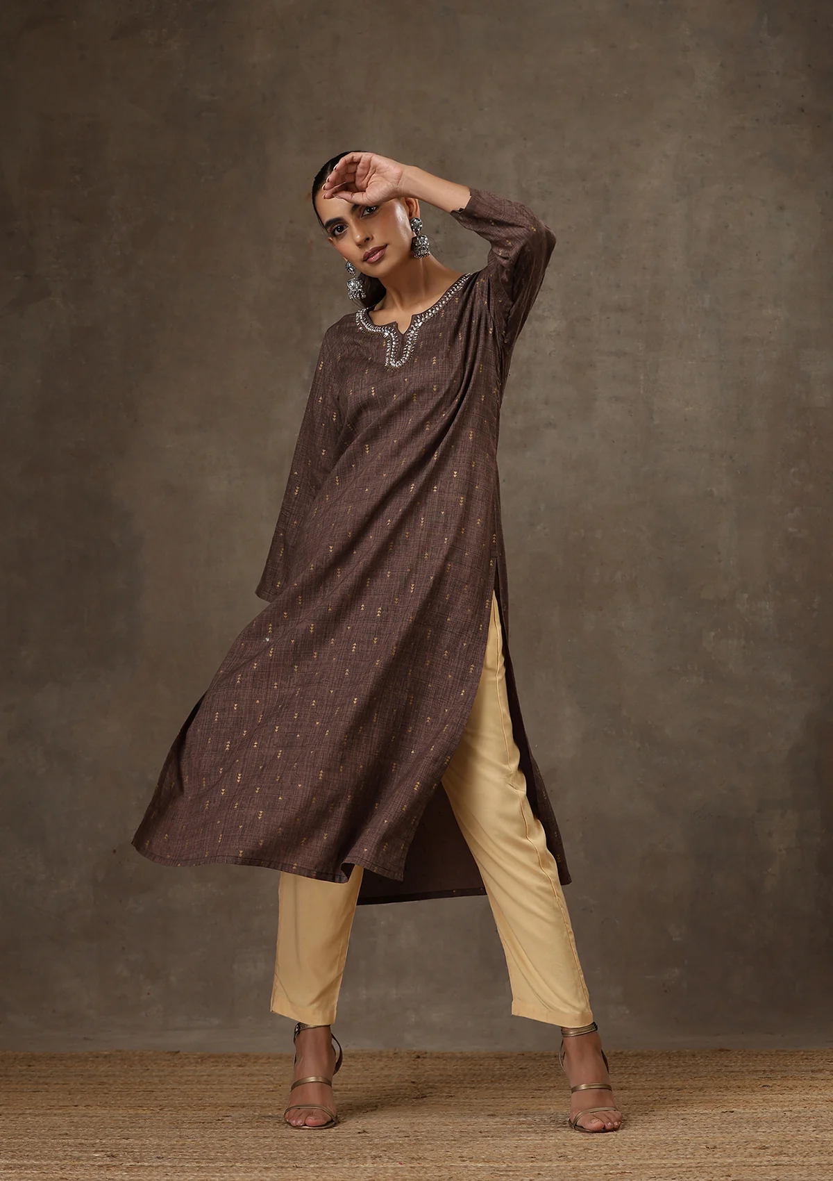 HOC Rayon Hand Embroidered Printed Women's Long Kurta - Brown - Healthber
