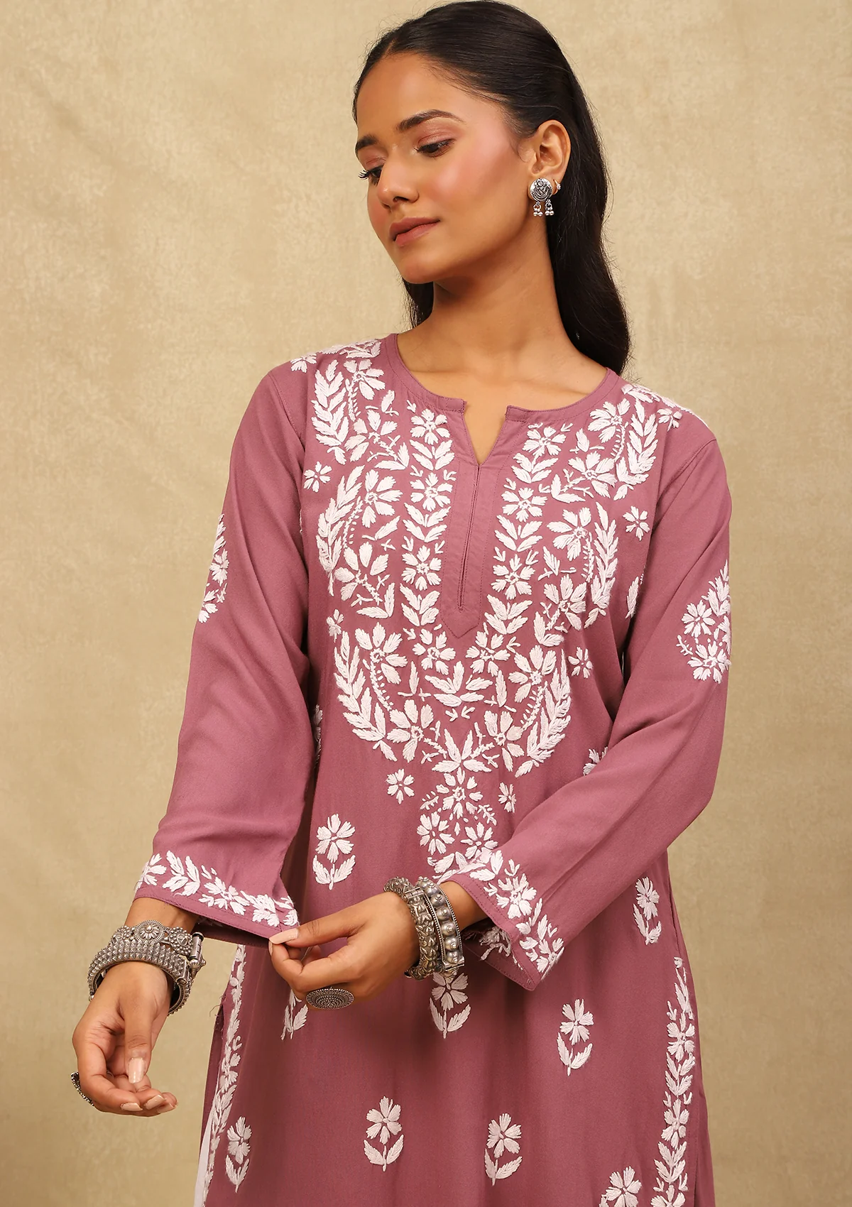 HOC Rayon Chikankari Solid Women's Long Kurta - Purple - Healthber