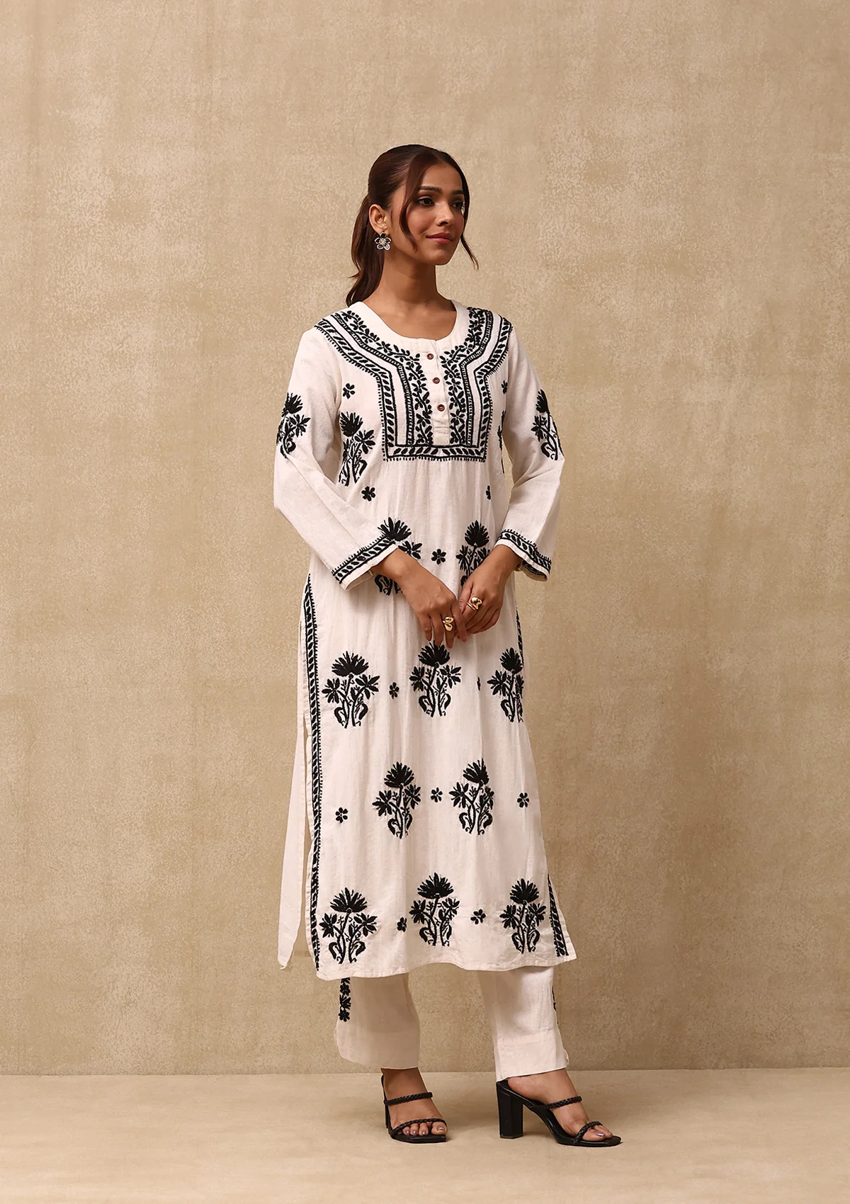 HOC Cotton Linen Blend Chikankari Solid Women's 2PC Long Kurta Set - Off White - Healthber