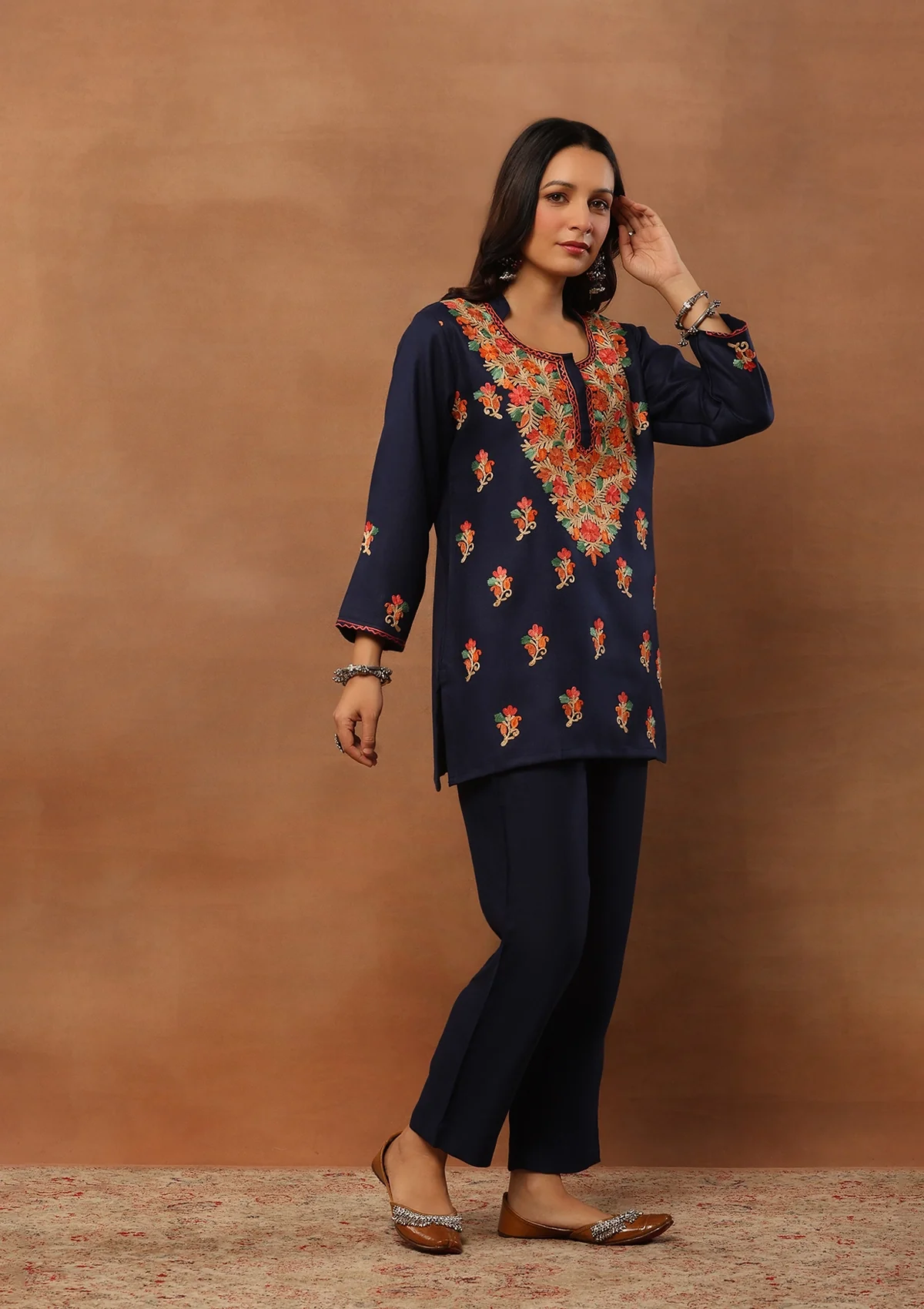 HOC Woollen Aari Embroidered Solid Women's 2 PC Short Kurta Set - Blue - Healthber