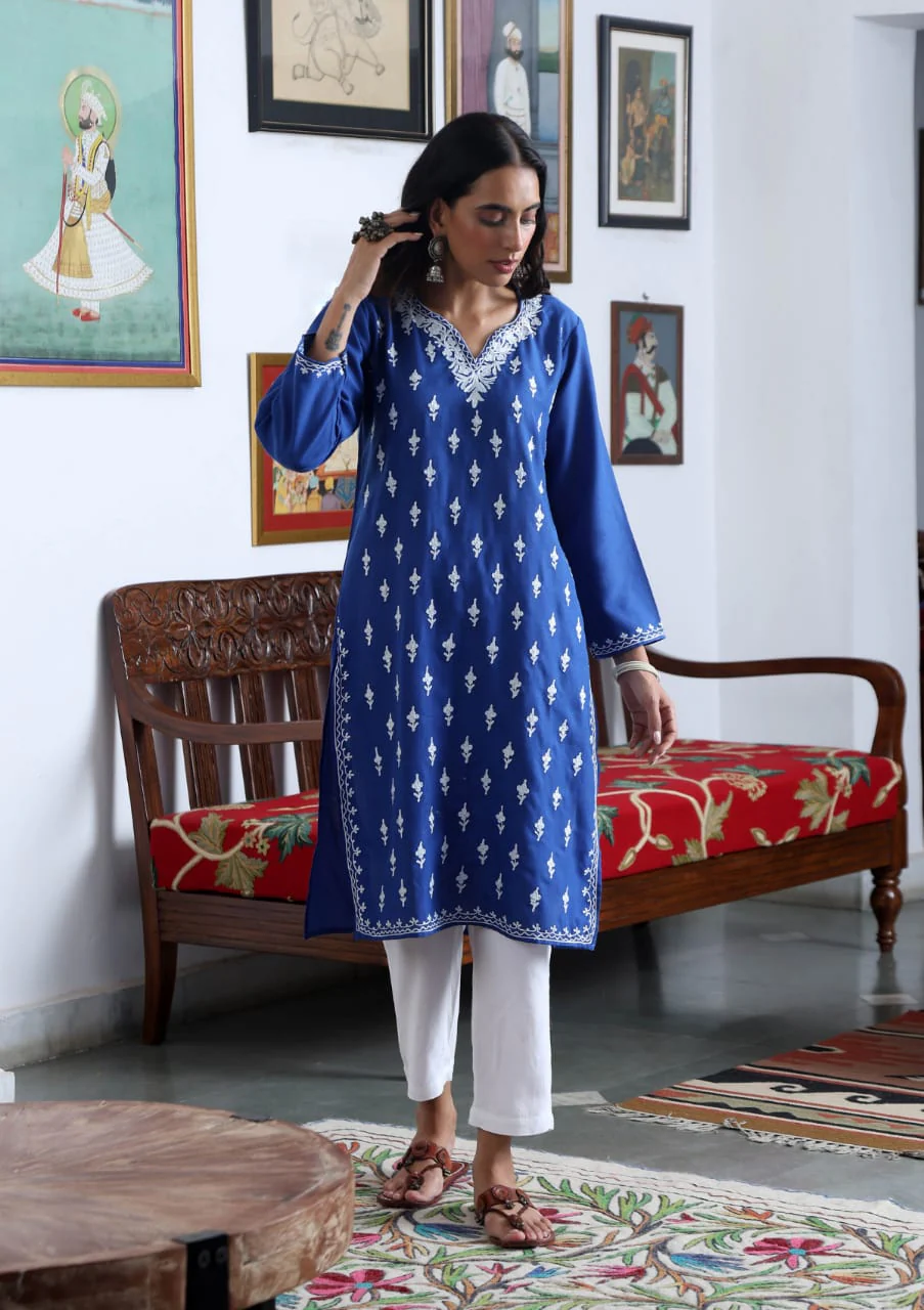 HOC Aari Embroidered Cotton Solid Women's Long Kurta - Blue - Healthber
