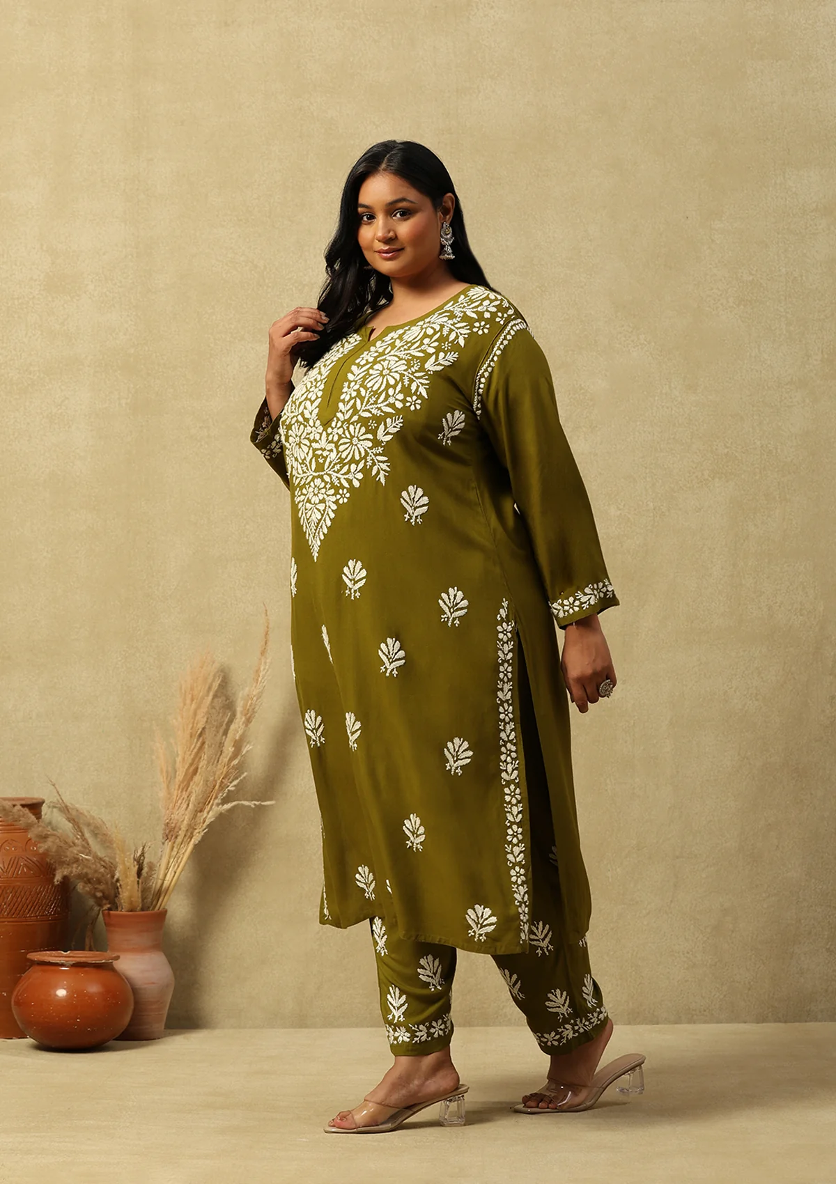 HOC Rayon Chikankari Solid Women's 2 PC Long Kurta Set-Olive Green - Healthber