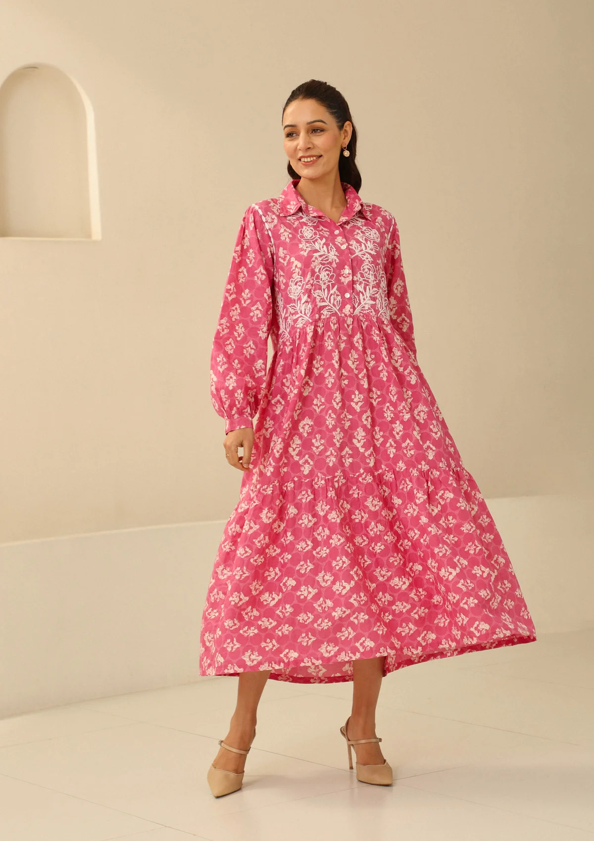 HOC Cotton Chikankari Printed Women's Long Dress - Pink - Healthber