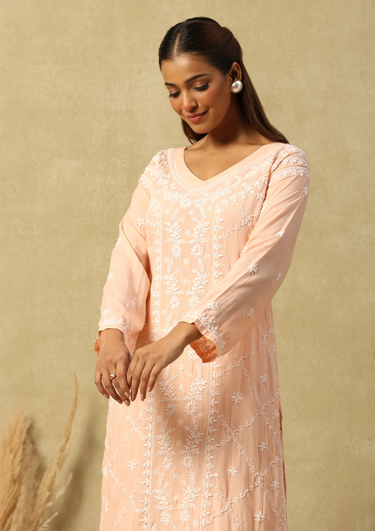 HOC Modal Chikankari Solid Women's Long Kurta -Peach - Healthber