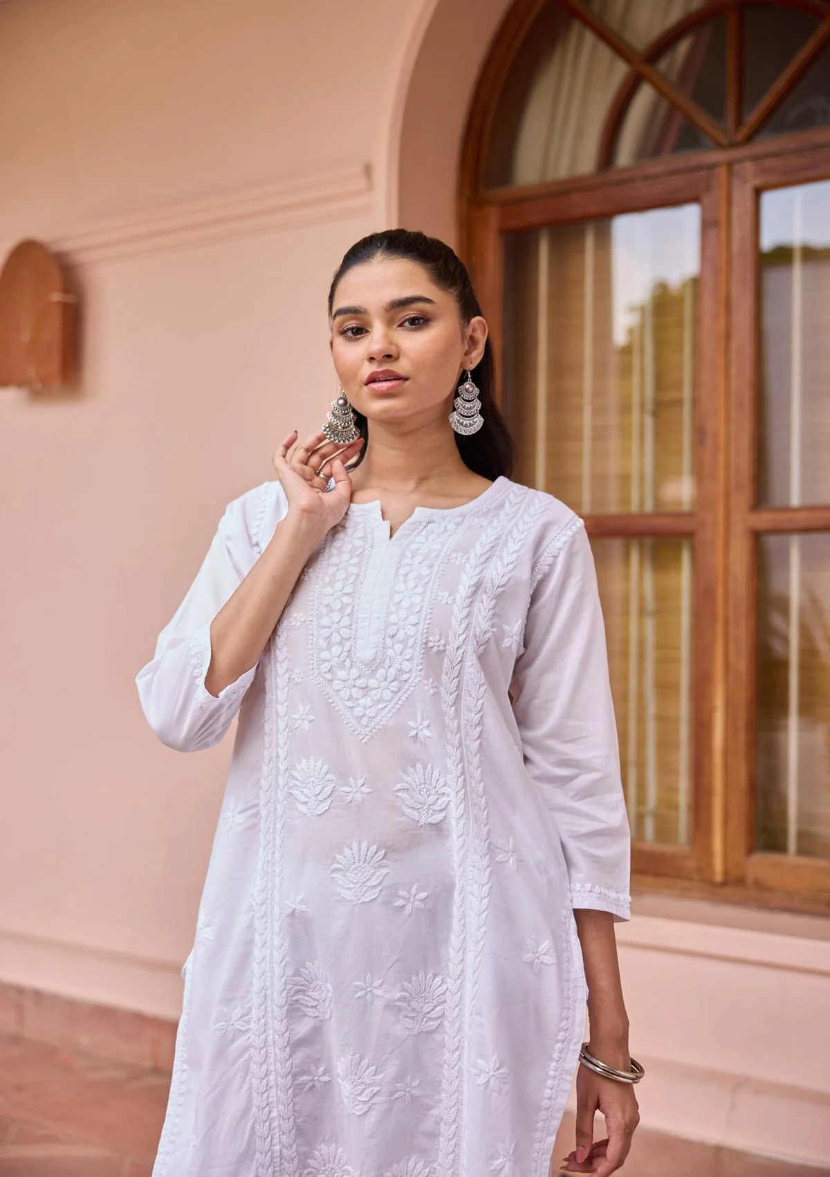 HOC Cotton Chikankari Solid Women's Long Kurta - White - Healthber