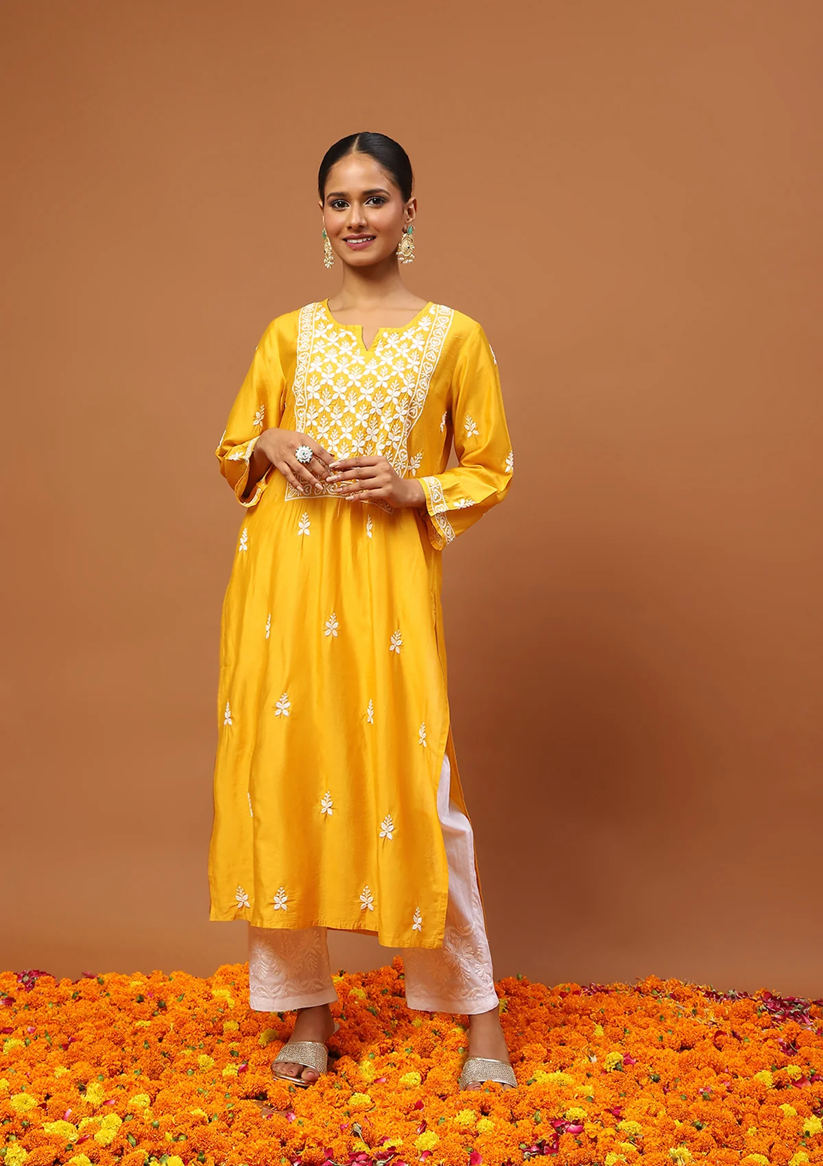 HOC Chanderi Chikankari Solid Women's Long Kurta -Mustard - Healthber