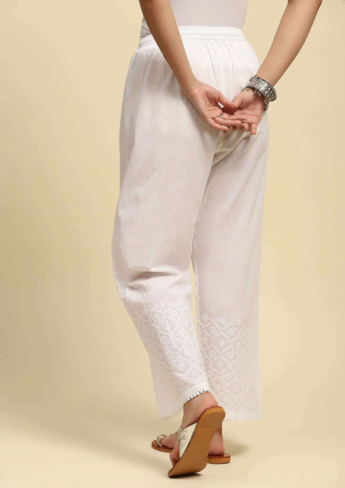 HOC Cotton Chikankari Solid Women's Palazzo - White - Healthber