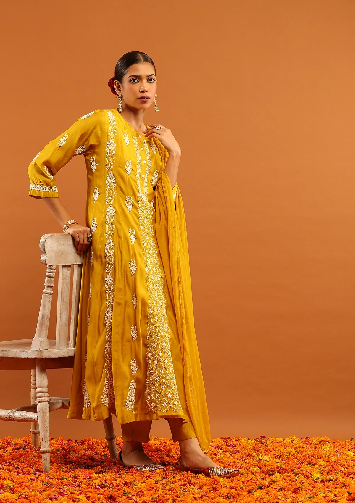HOC Chanderi Chikankari Solid Women's 3 PC Anarkali Kurta Set-Yellow - Healthber