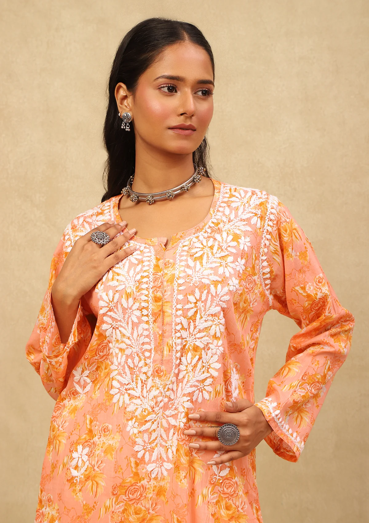 HOC Mulmul Chikankari Printed Women's Long Kurta -Orange - Healthber
