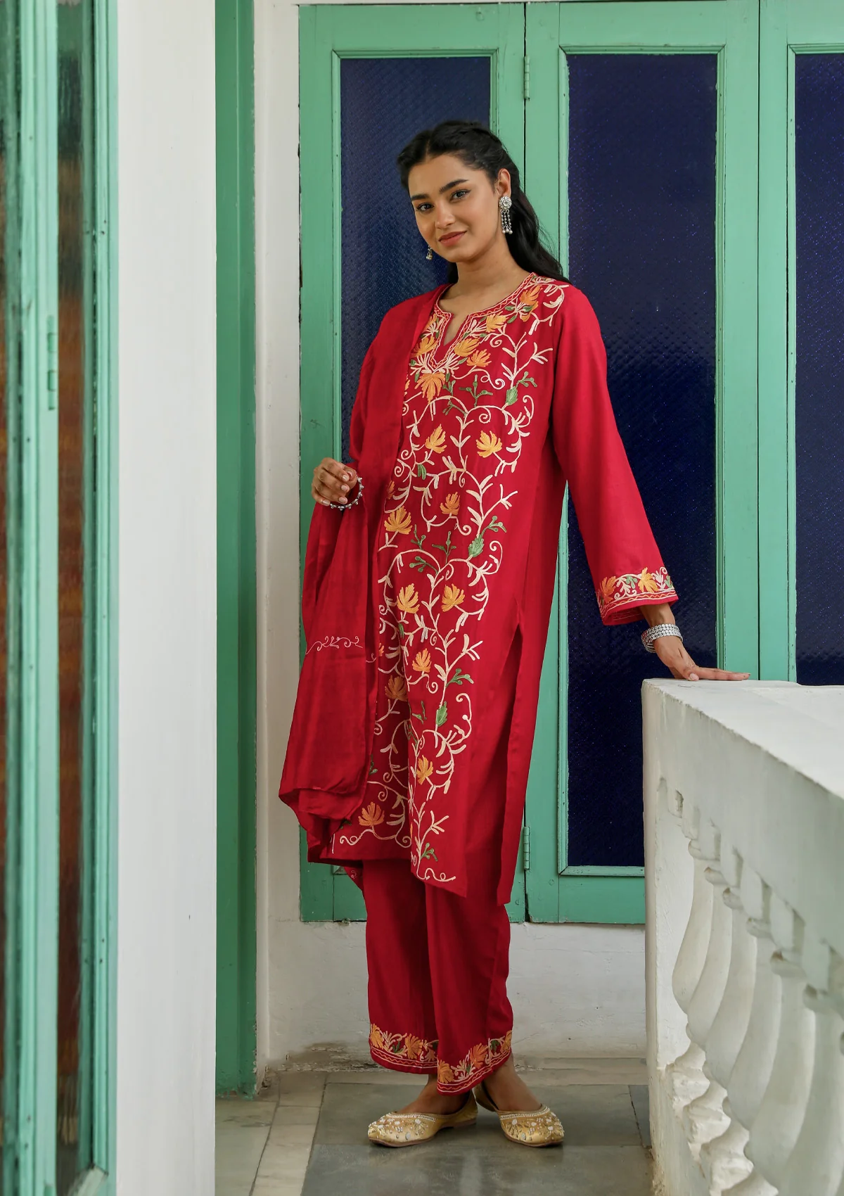 HOC Cotton Aari Embroidered Solid Women's 3 PC Long Kurta Set with Dupatta - Red - Healthber