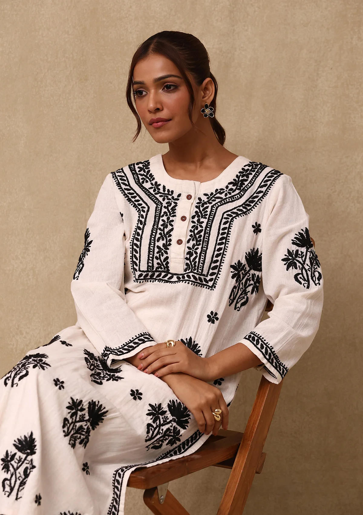 HOC Cotton Linen Blend Chikankari Solid Women's 2PC Long Kurta Set - Off White - Healthber