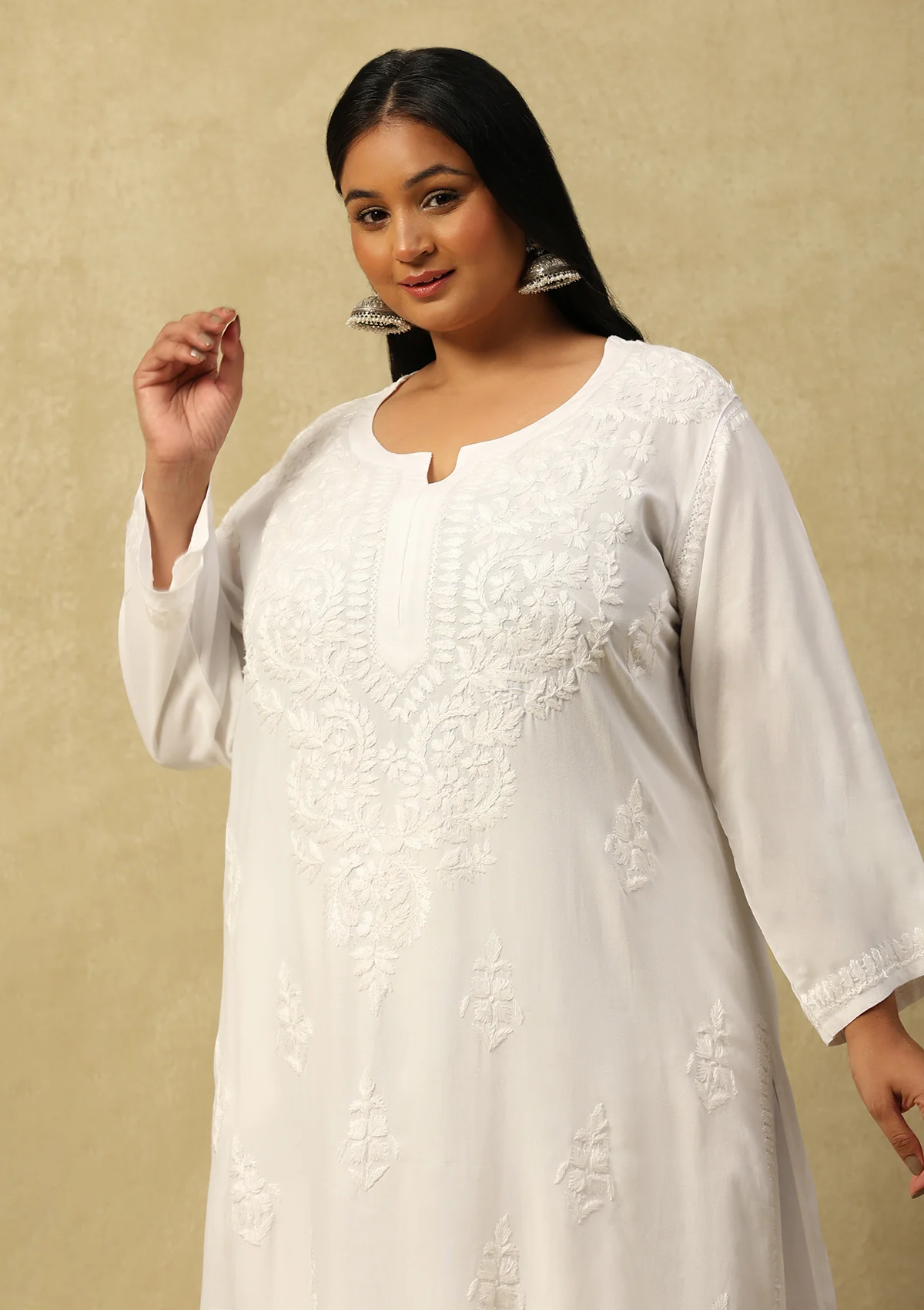 HOC Rayon Chikankari Solid Women's 2 PC Long Kurta Set- White - Healthber