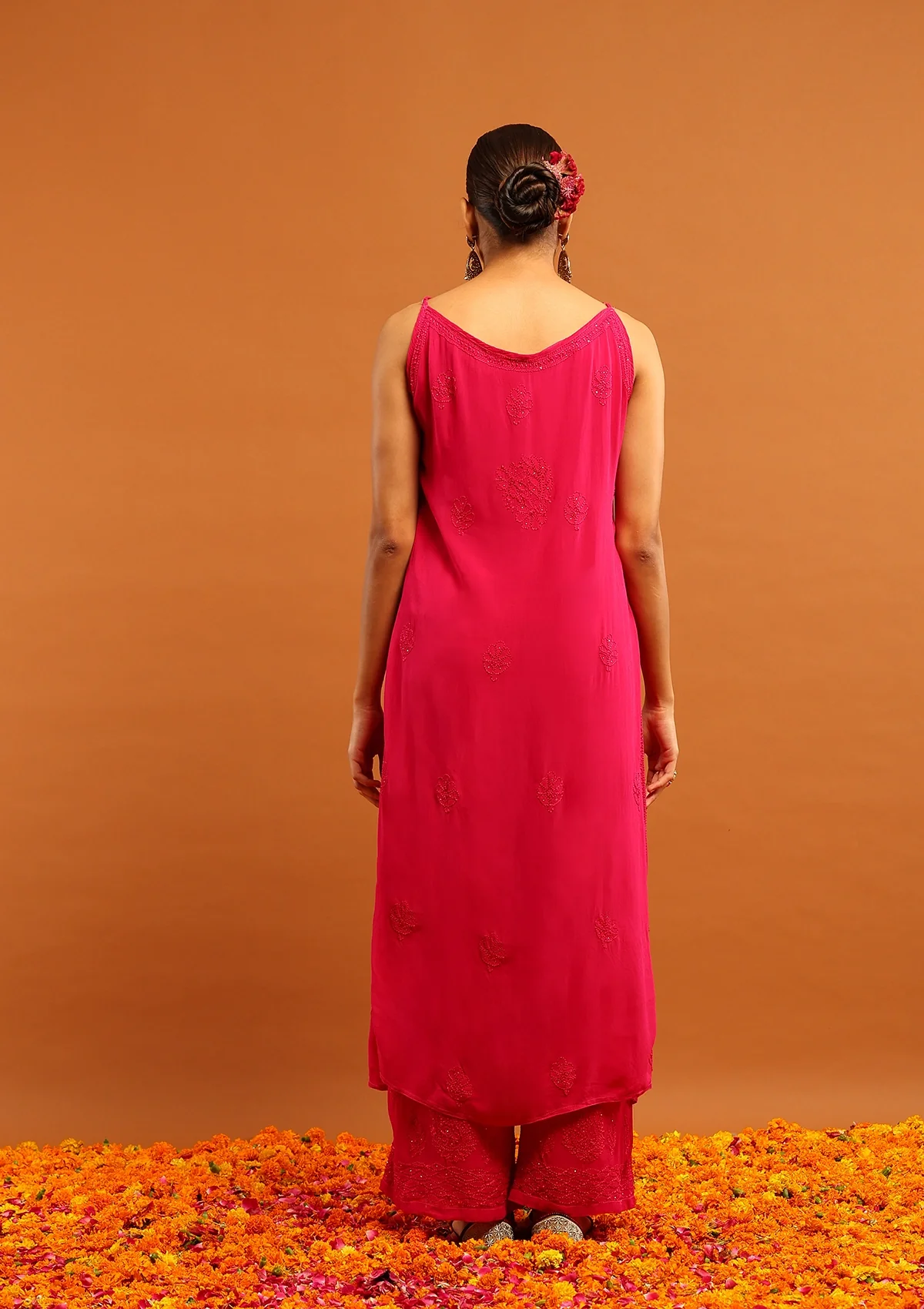 HOC Viscose Georgette Chikankari Mukaish & Kamdani Solid Women's 3 PC Long Kurta Set-Magenta - Healthber